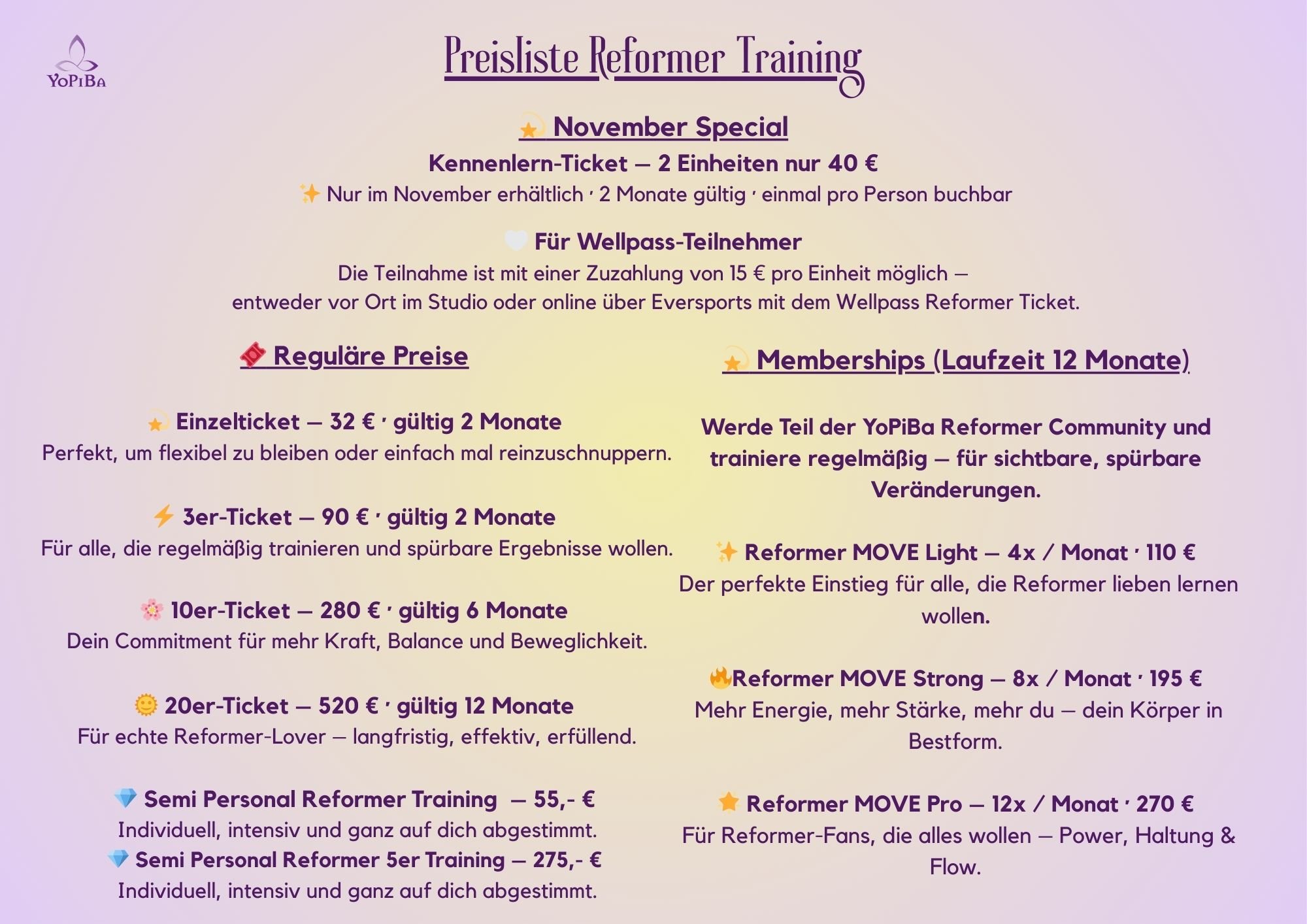 Preisliste Reformer Pilates im YoPiBa Gräfelfing bei München