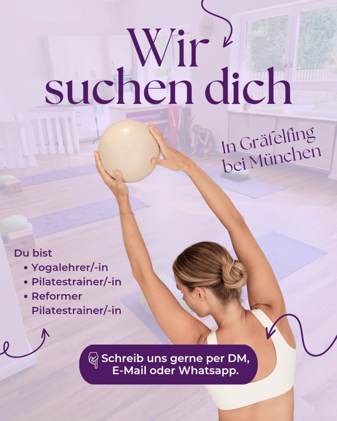 ✨ Wir suchen dich! ✨
F&uuml;r unser liebevoll eingerichtetes Studio YoPiBa in Gr&auml;felfing bei M&uuml;nchen suchen wir Yogalehrer/-innen, Pilatestrainer/-innen und Reformer Pilates Trainer/-innen, die mit Herz, Energie und Freude unterrichten m&ou