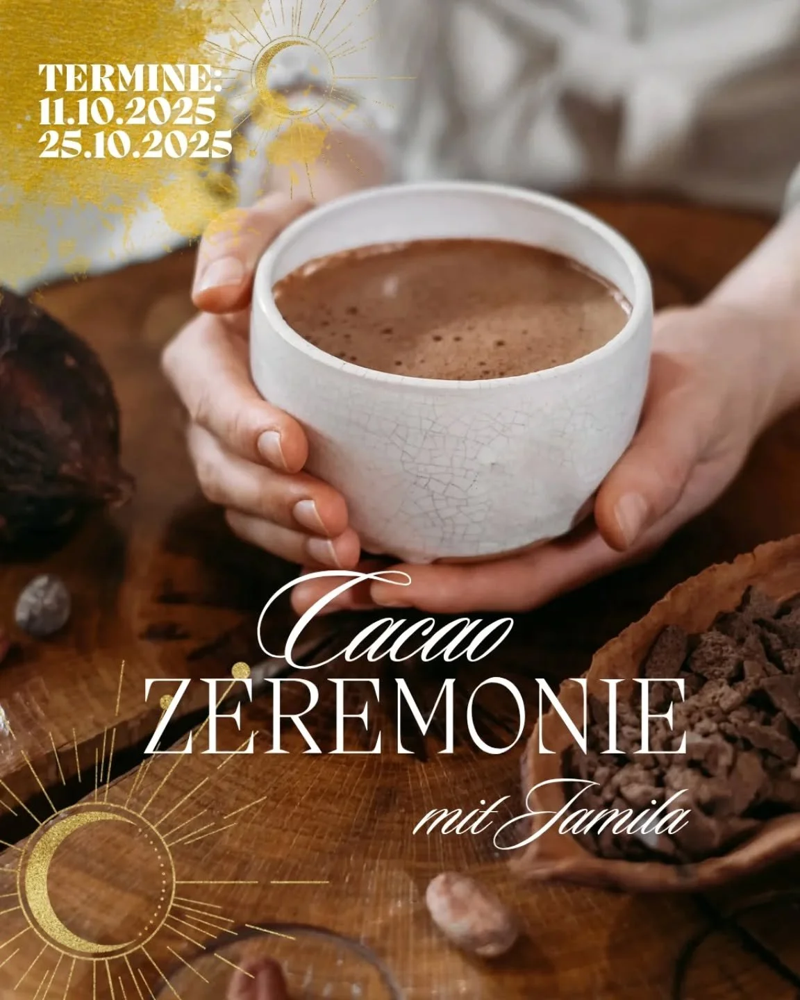 ✨ Ein Herzenshighlight im YoPiBa Studio ✨
Die wundervolle Schamanin Jamila ist endlich wieder in Gräfelfing 🌿💫
Wer sie schon erlebt hat, weiß:
Ihre Cacao-Zeremonien sind pure Magie – eine Reise der Herzöffnung, Verbindung und