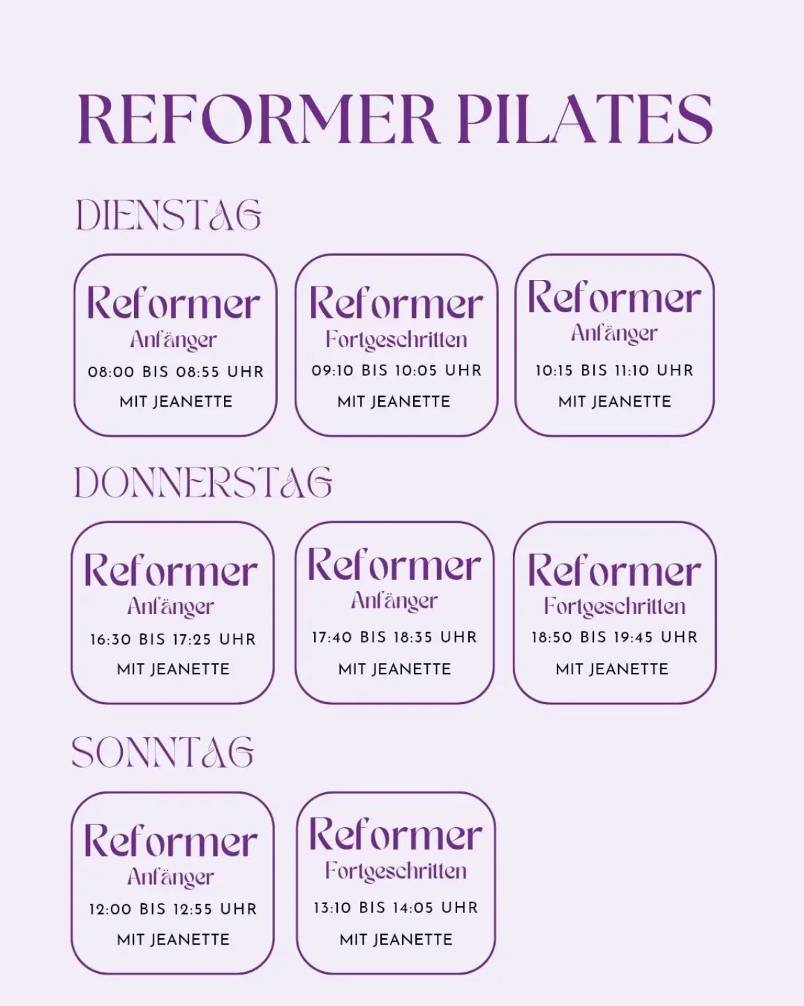 ✨ Neue Reformer Pilates Kurse im Yopiba! ✨
Unsere neuen Reformer-Stunden mit Jeanette starten jetzt zu festen Zeiten – für Anfänger*innen und Fortgeschrittene.
💪 Dienstagvormittag
08:00 – Anfänger
09:10 – Fortgeschr