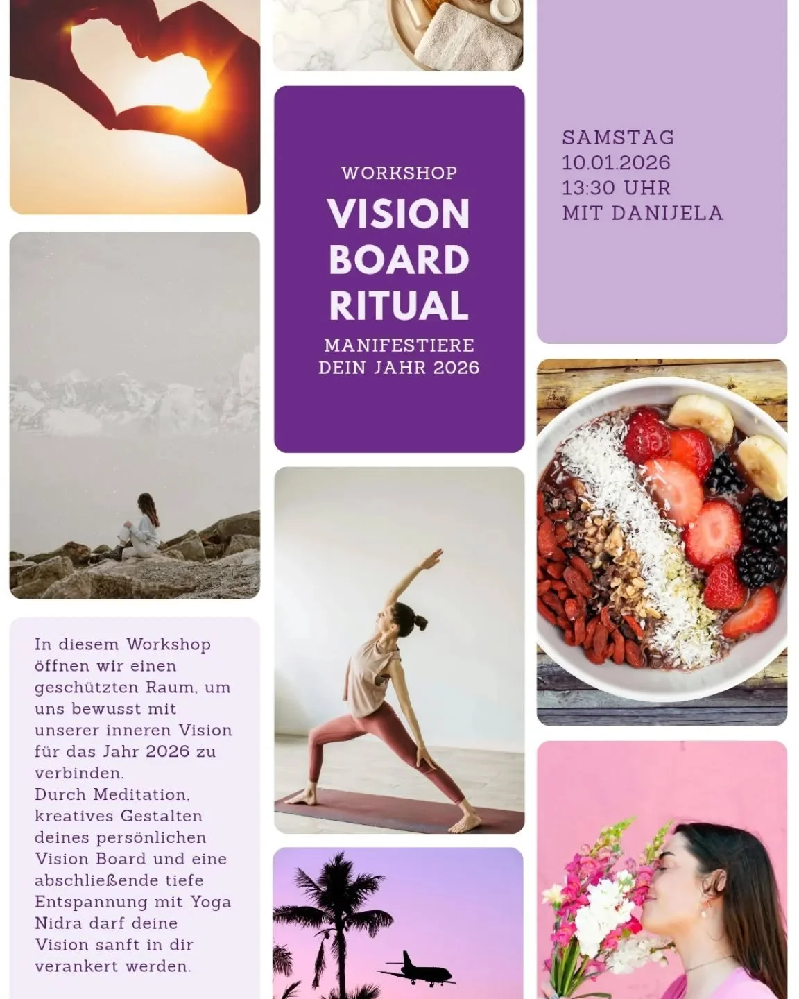 🌟 Manifestiere dein Jahr 2026 💫
Am Sa, 10.01 &ouml;ffnen wir einen gesch&uuml;tzten Raum f&uuml;r Klarheit, Ausrichtung &amp; pure Intuition.
Mit Meditation, kreativem Vision Board Gestalten &amp; einer tiefen Yoga Nidra Entspannung darf deine Visi