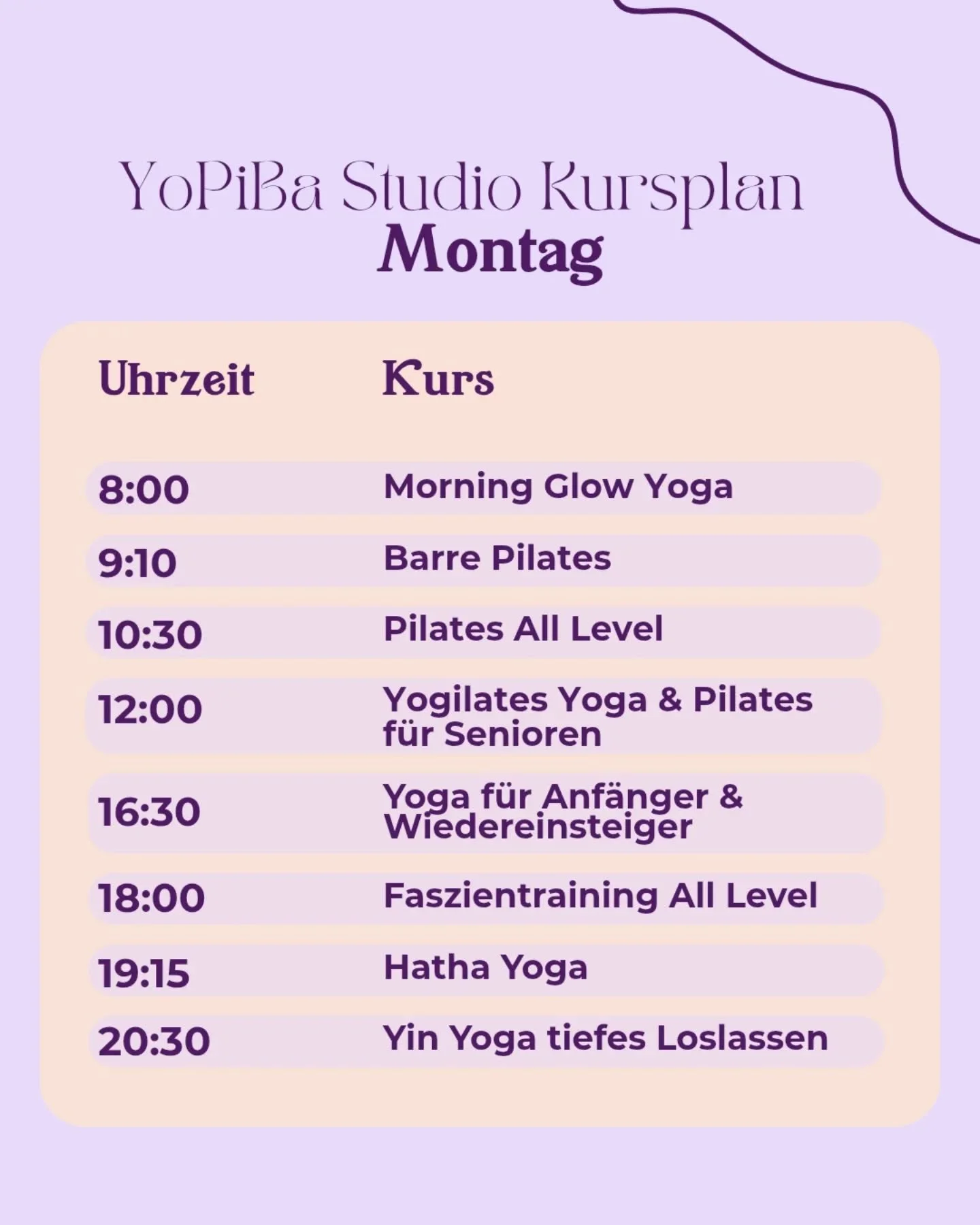 ✨ Neuer Kursplan im YoPiBa ✨

Unser aktualisierter Kursplan ist da! Dich erwartet ein vielseitiges Angebot aus Yoga, Pilates, Barre, Reformer Pilates und Massagen &ndash; perfekt, um K&ouml;rper und Geist in Balance zu bringen.

📍 In Gr&auml;felfing