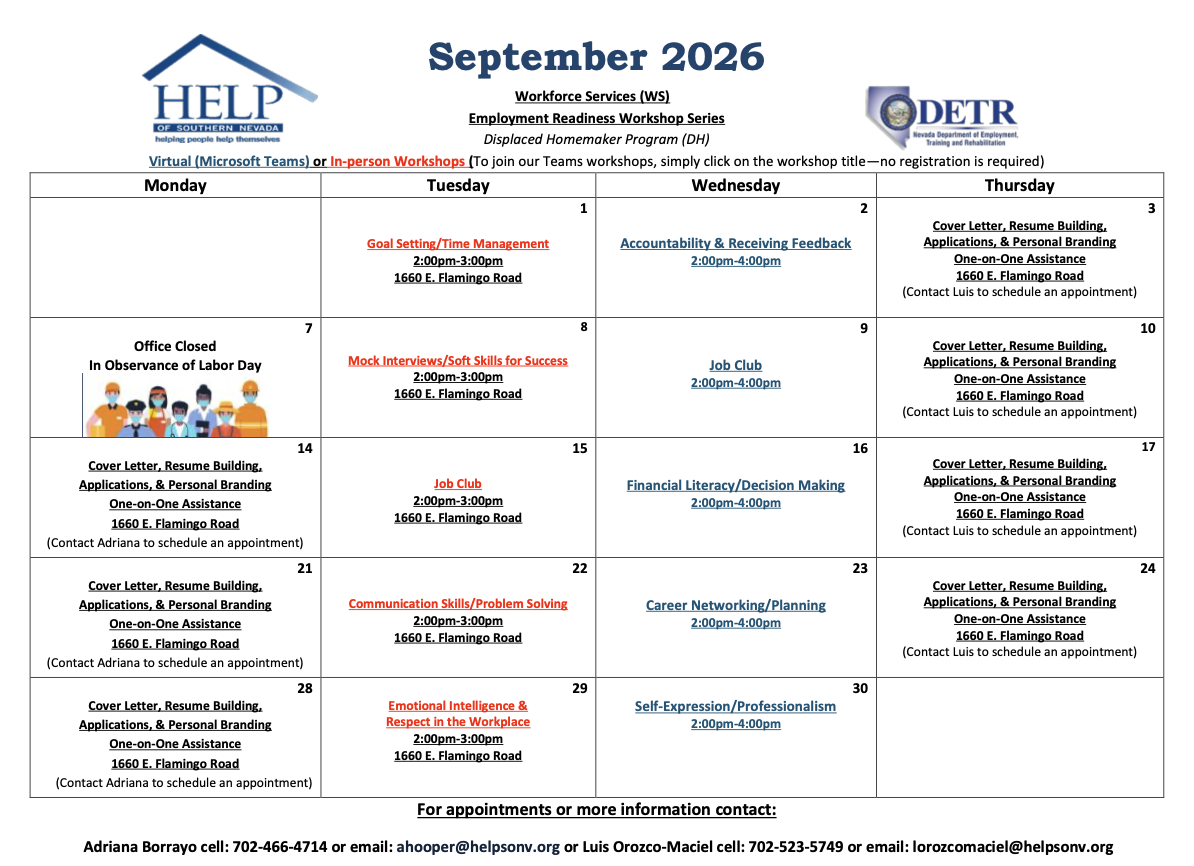 September Workforce Services Calendar