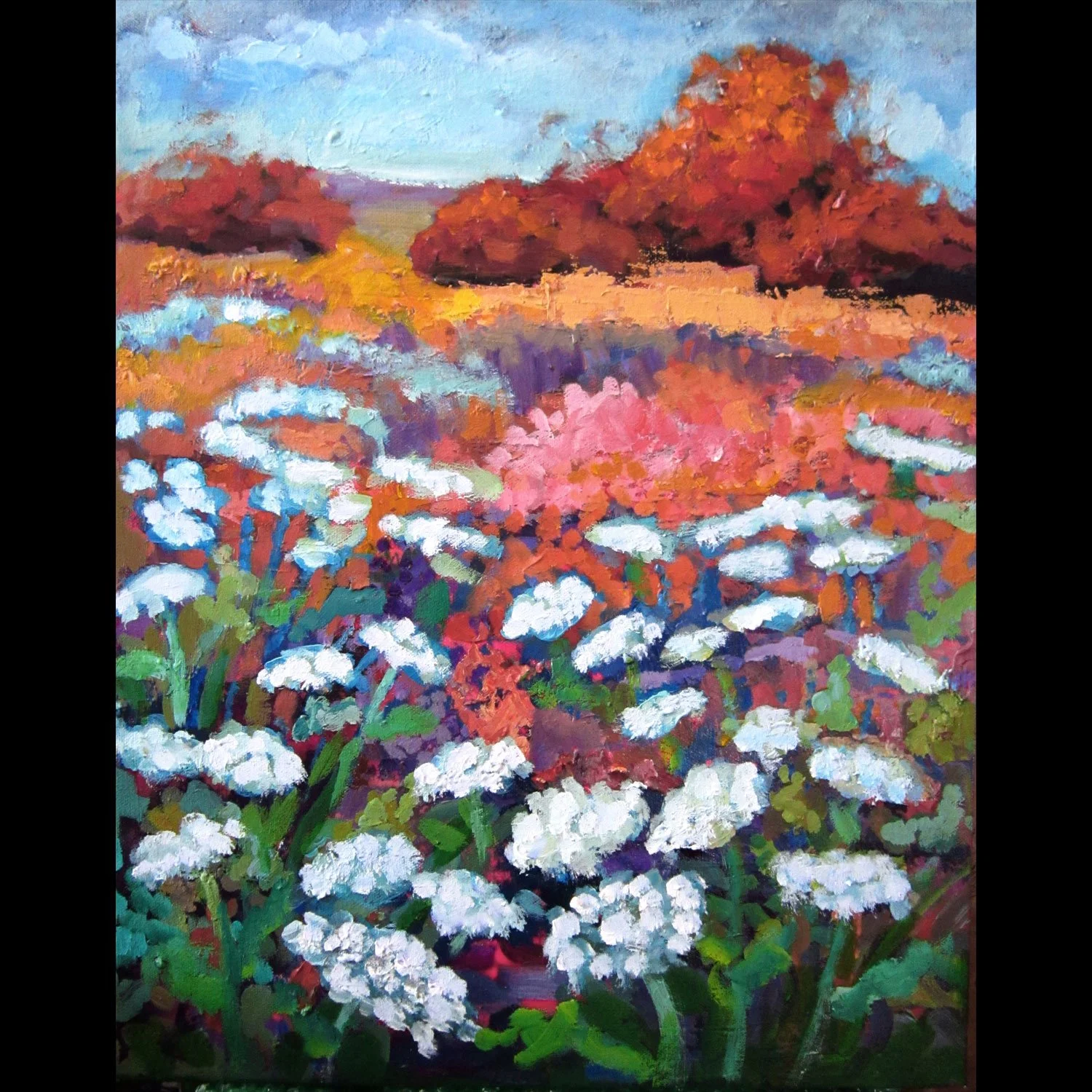 textured painting of pink and purple landscape with white queen annes lace flowers for wall decor modern inpressionist Anna Barnhart