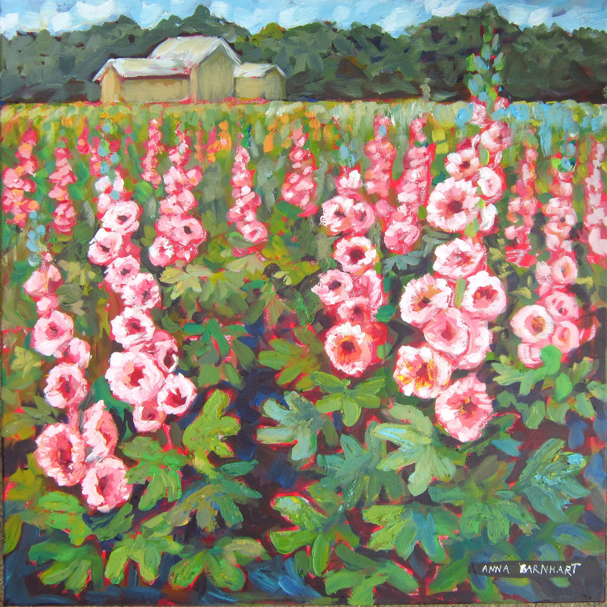 hollyhocks landscape painting livingroom bedroom art for the home decor Michigan artist Anna Barnhart