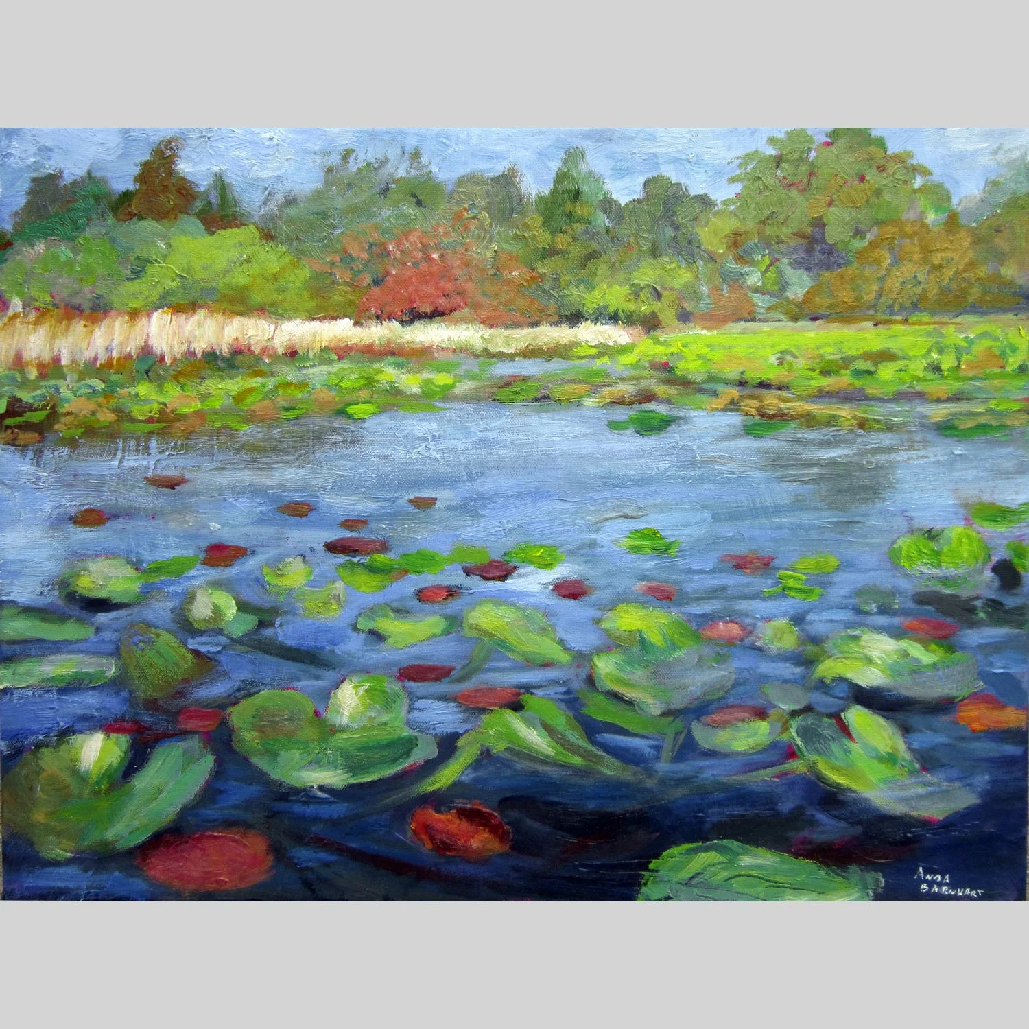colorful painting of lilypads on the St. Joseph river with bright green and blue waer by Anna Barnhart