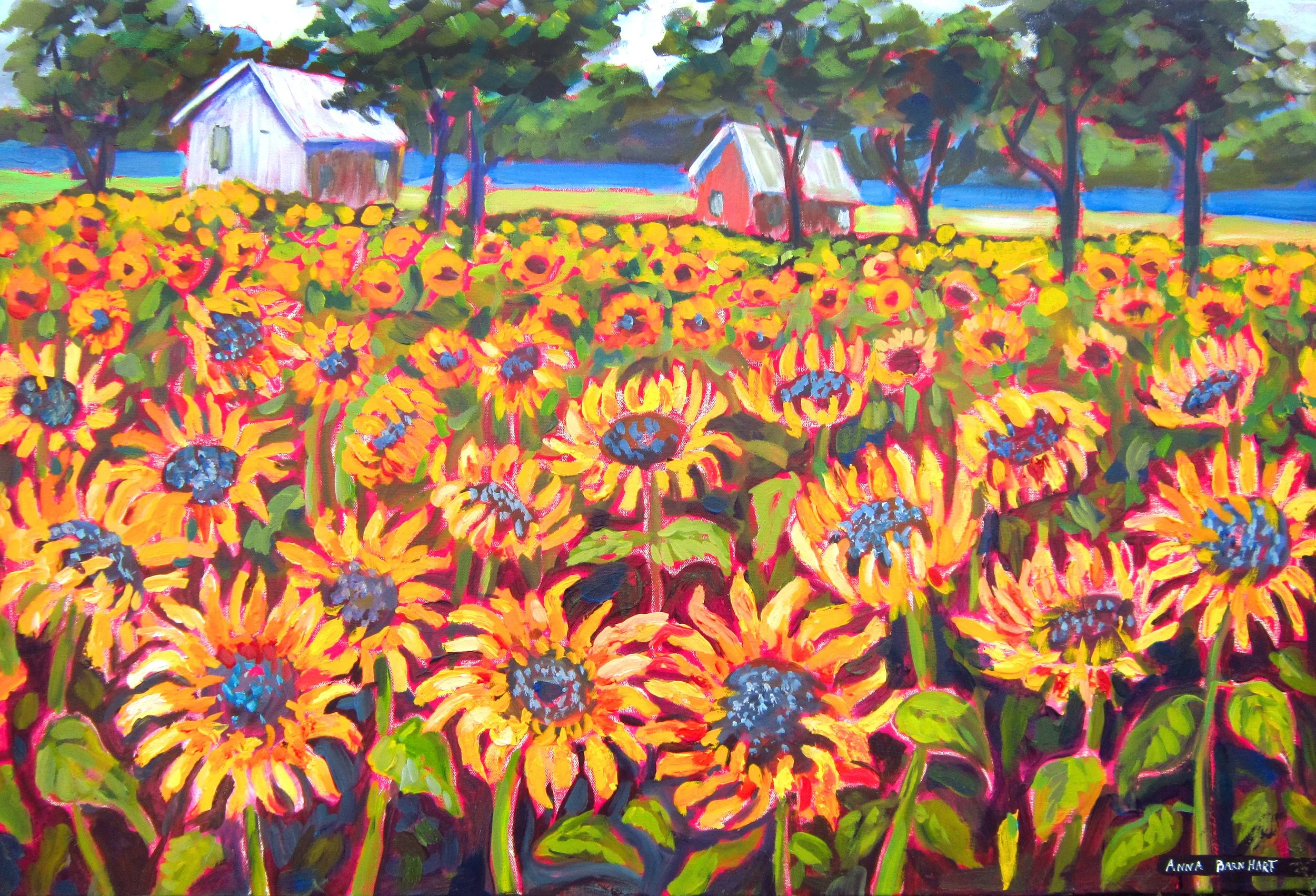 field of sunflowers painting by artist anna barnhart