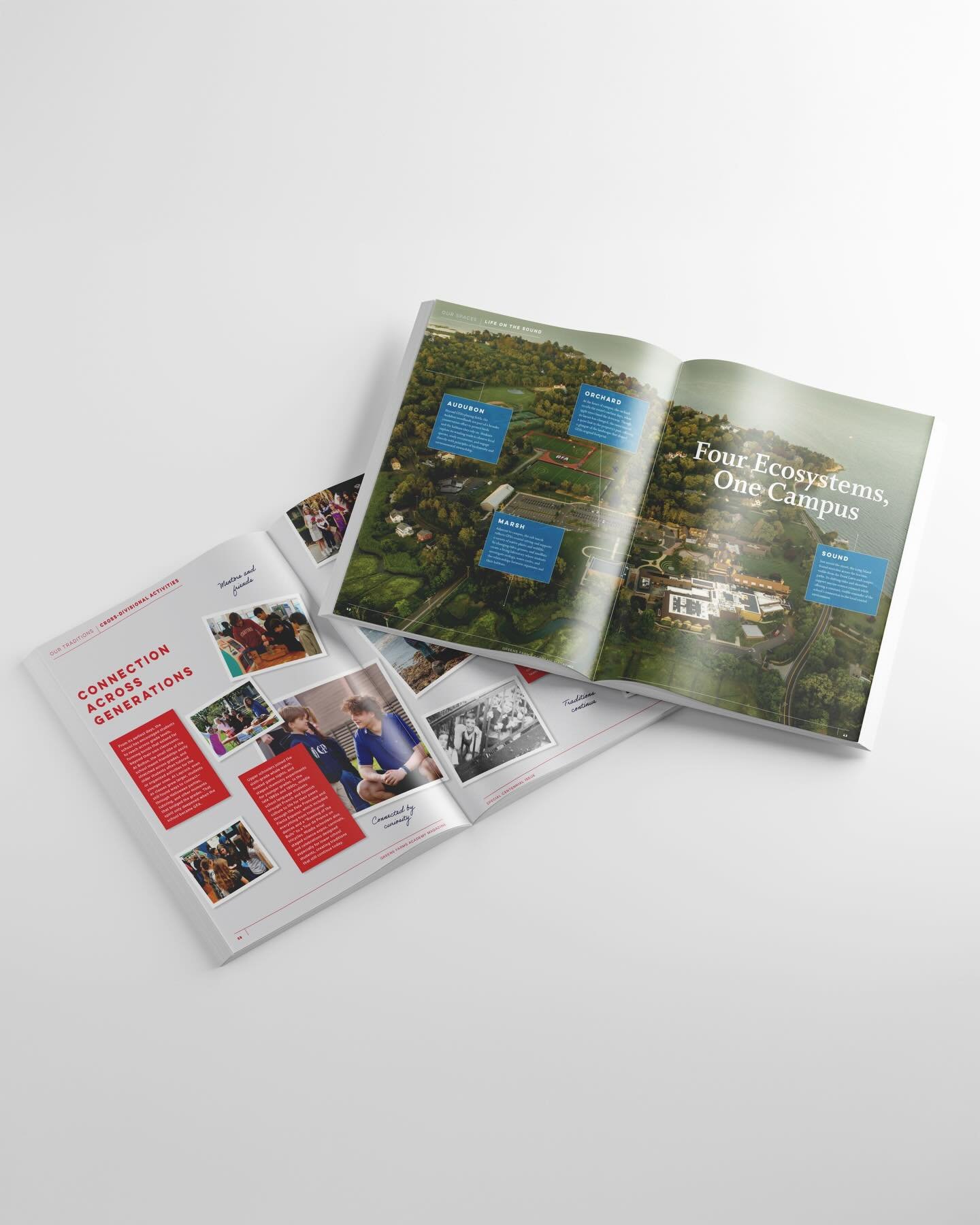 Inside the Greens Farms Academy Centennial Magazine, designed to reflect 100 years of history, community, and growth.

The interior spreads are organized into four chapters: Our People, Our Traditions, Our Spaces, and Our Milestones, drawing inspirat