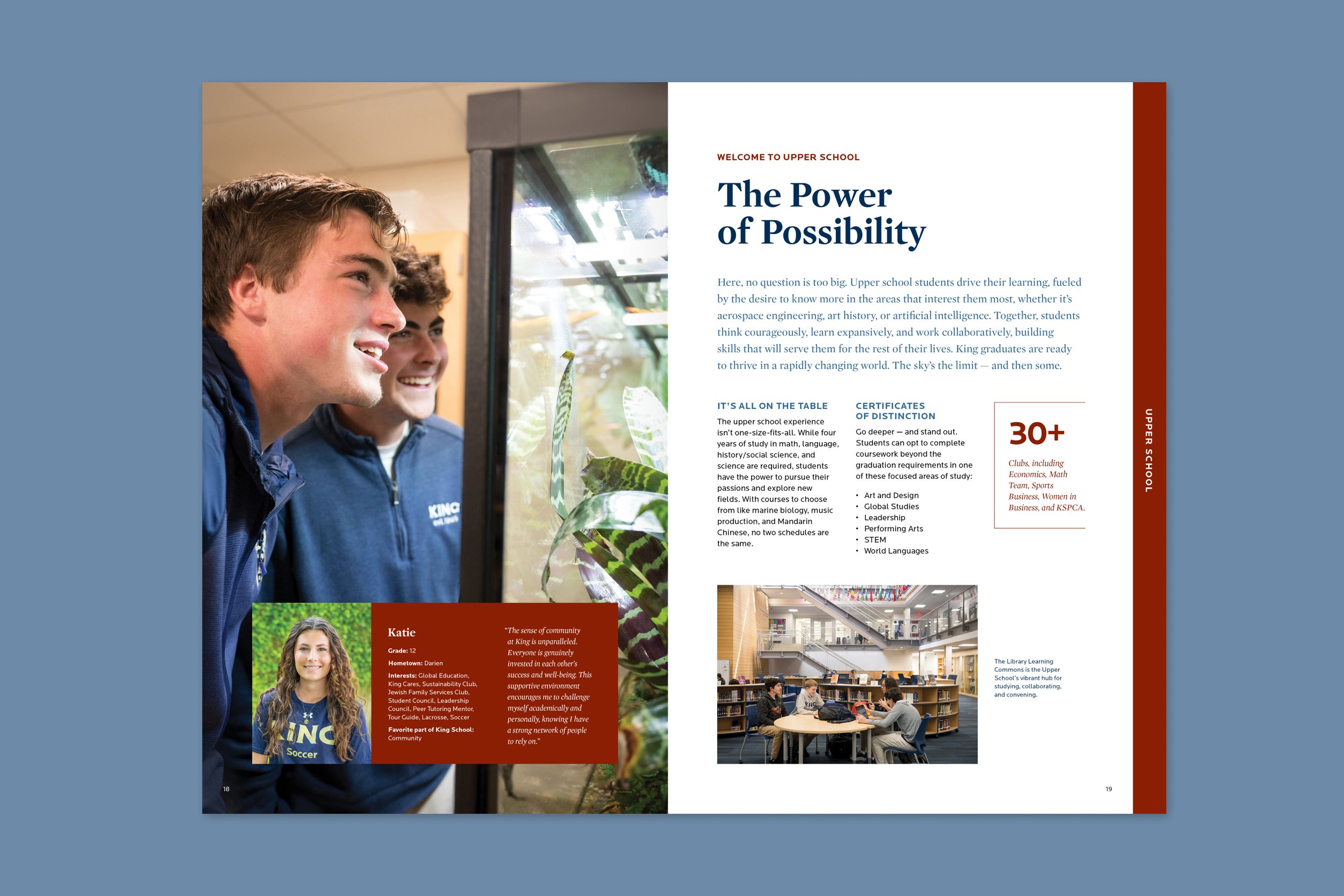 Finally, we enter the Upper School section, where the design continues to reflect the cohesive structure established in the Lower and Middle School sections. Here, we highlight the key differentiators that set King School’s Upper School apart, ensuri