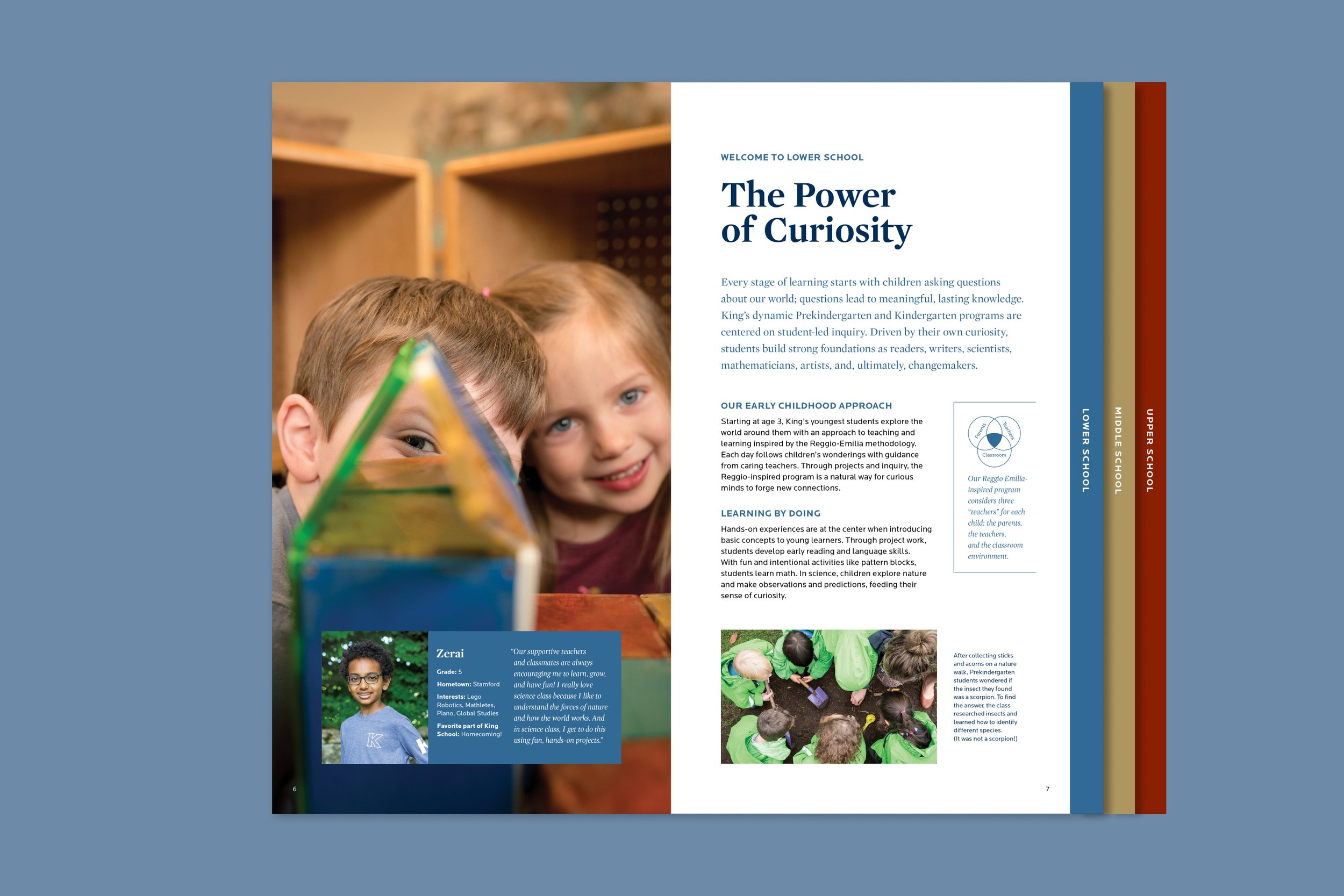 Using the tabs as a guide, we enter the Lower School section, where the design shifts to reflect the unique environment and educational approach of King School’s youngest learners. Starting with academics, then venture into Physical Education, Arts,
