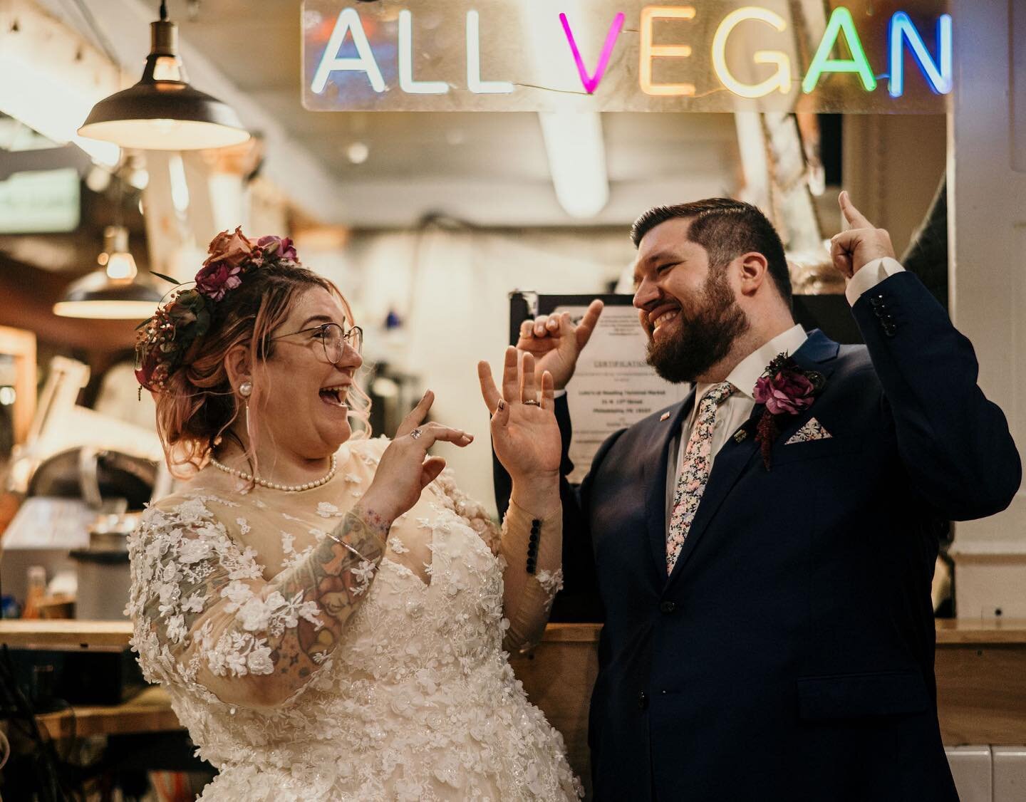 Congrats to Alex &amp; Megan 💍Megan owns a vegan Syracuse-based bakery called FatCat Baking 🐈After their wedding at the Mutter Museum, they did a photoshoot at our Vegan Deli because they said it makes them feel at home 🏡 Wishing you nothing but e