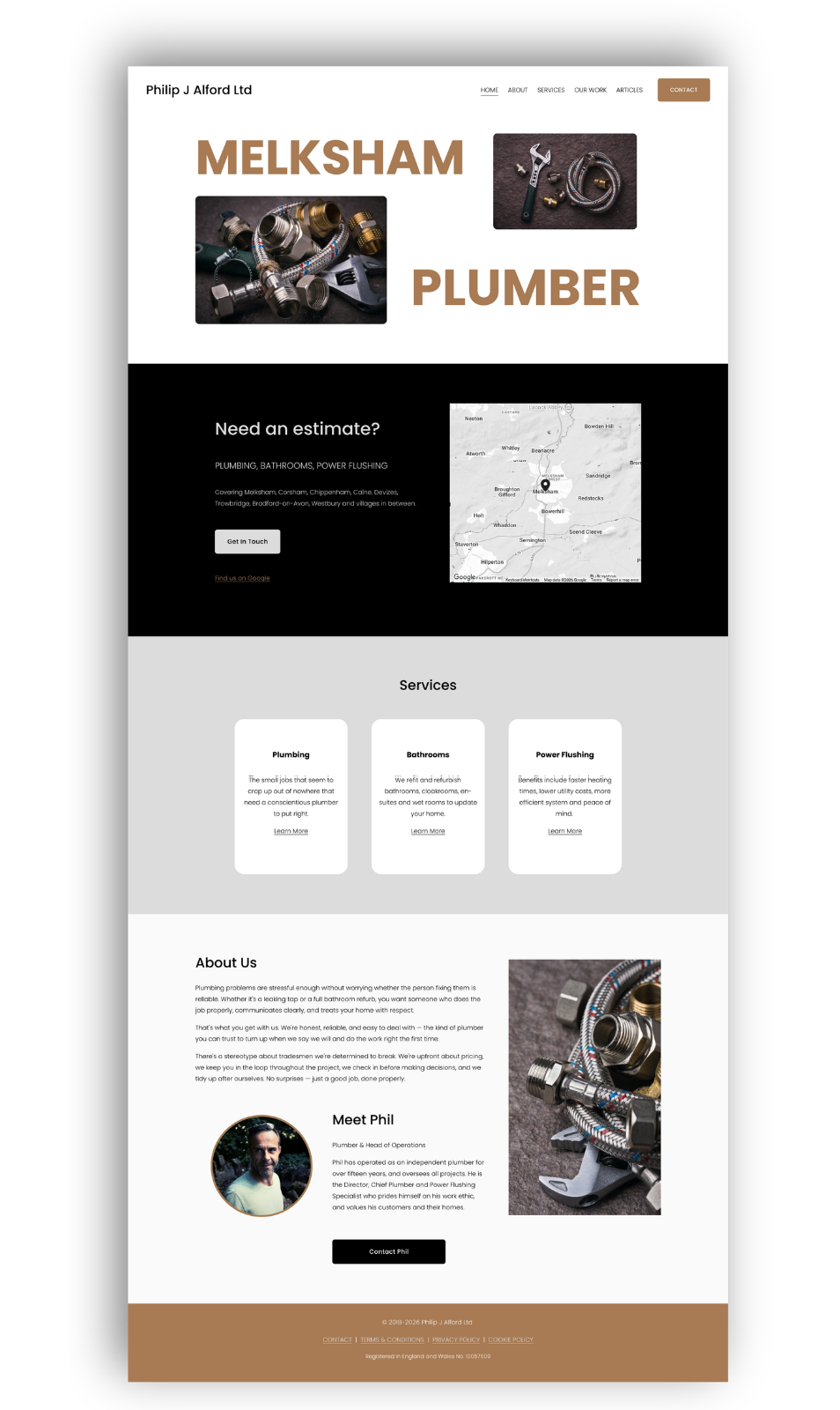 Homepage of a plumbing services website. Features images of plumbing tools and fittings, with sections about services, contact information, and a map showing service areas.