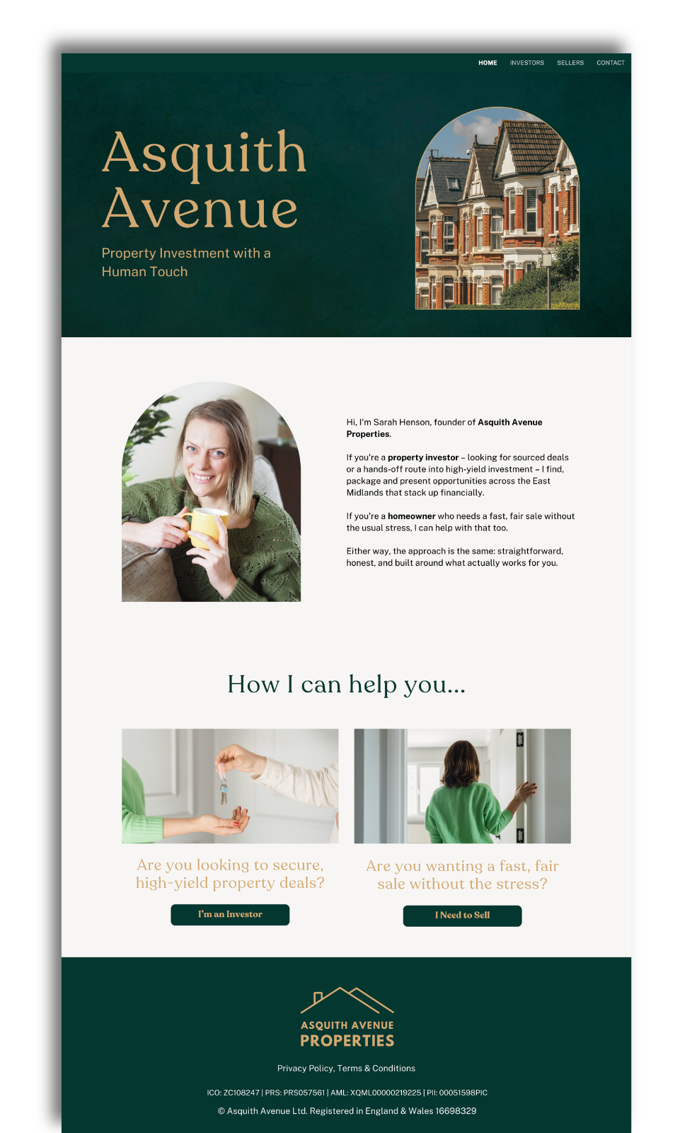 Homepage of Asquith Avenue Properties website featuring a green and white color scheme, with images of houses and a smiling woman holding a mug, offering property investment services.