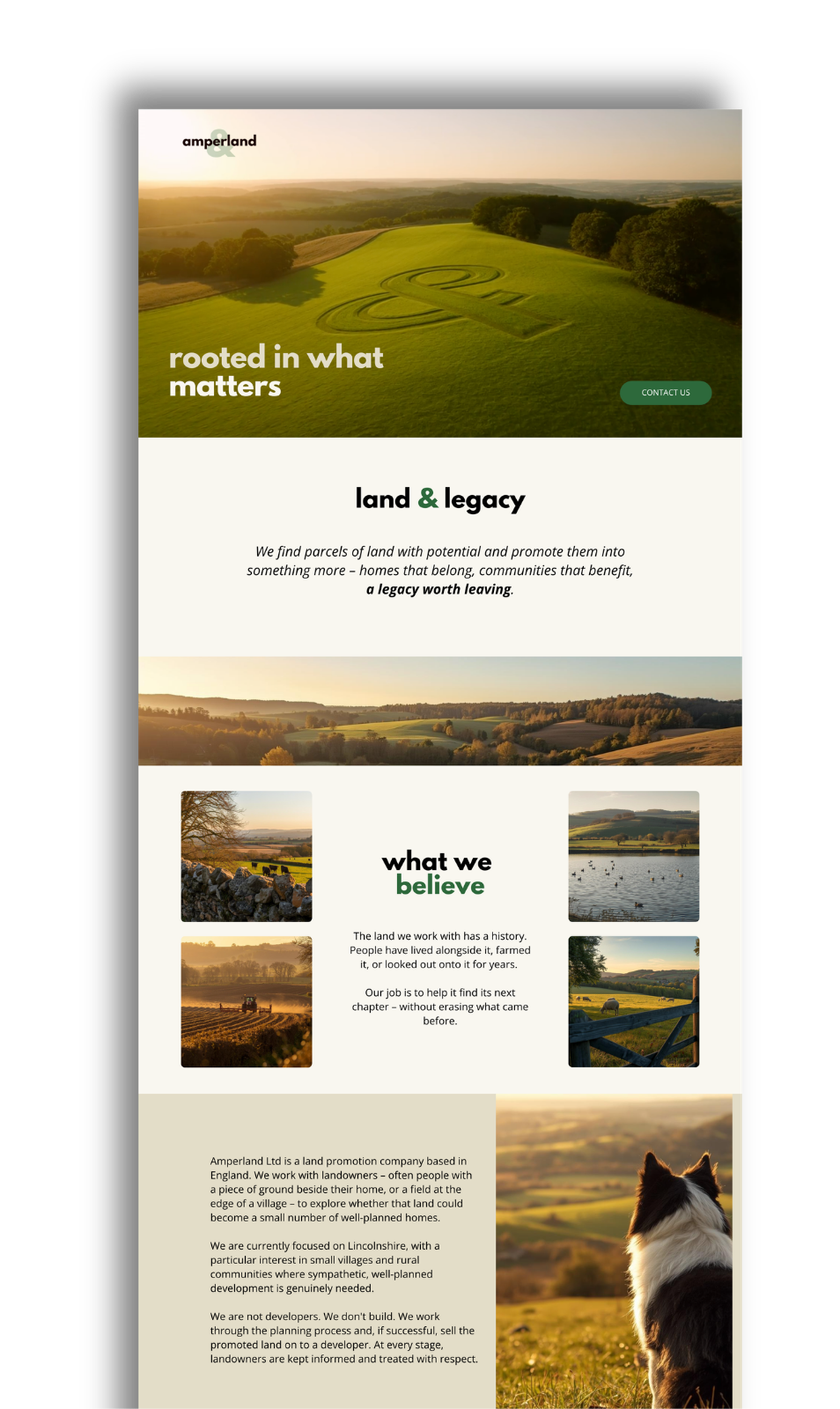 A website homepage for Amperland Ltd, a land promotion company, featuring scenic images of farmland and countryside, with text about their mission and values.
