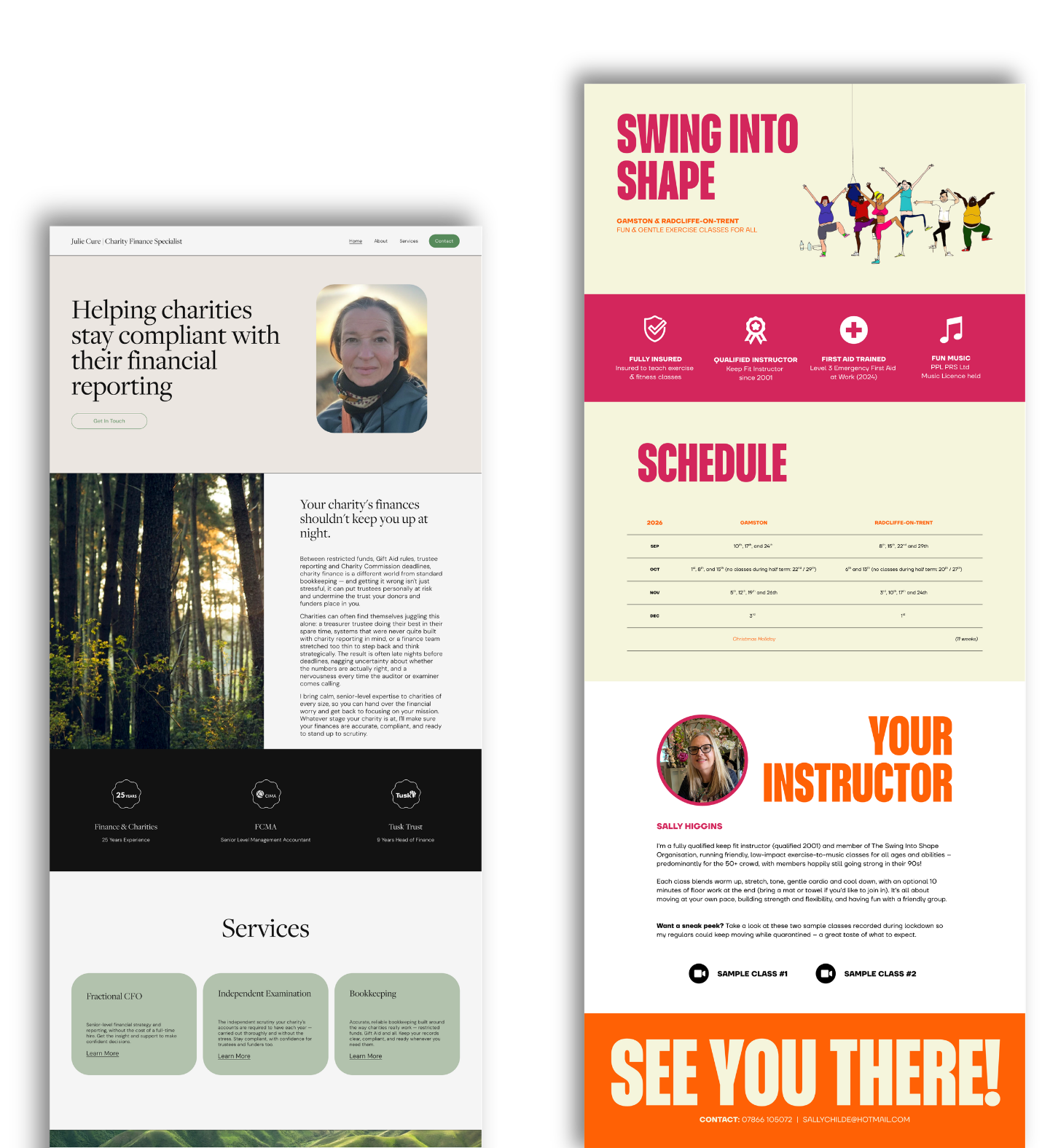 A collage of three website pages, featuring a charity finance specialist, a fitness class schedule for Swing Into Shape on the right, and another organization with a forest background on the left.