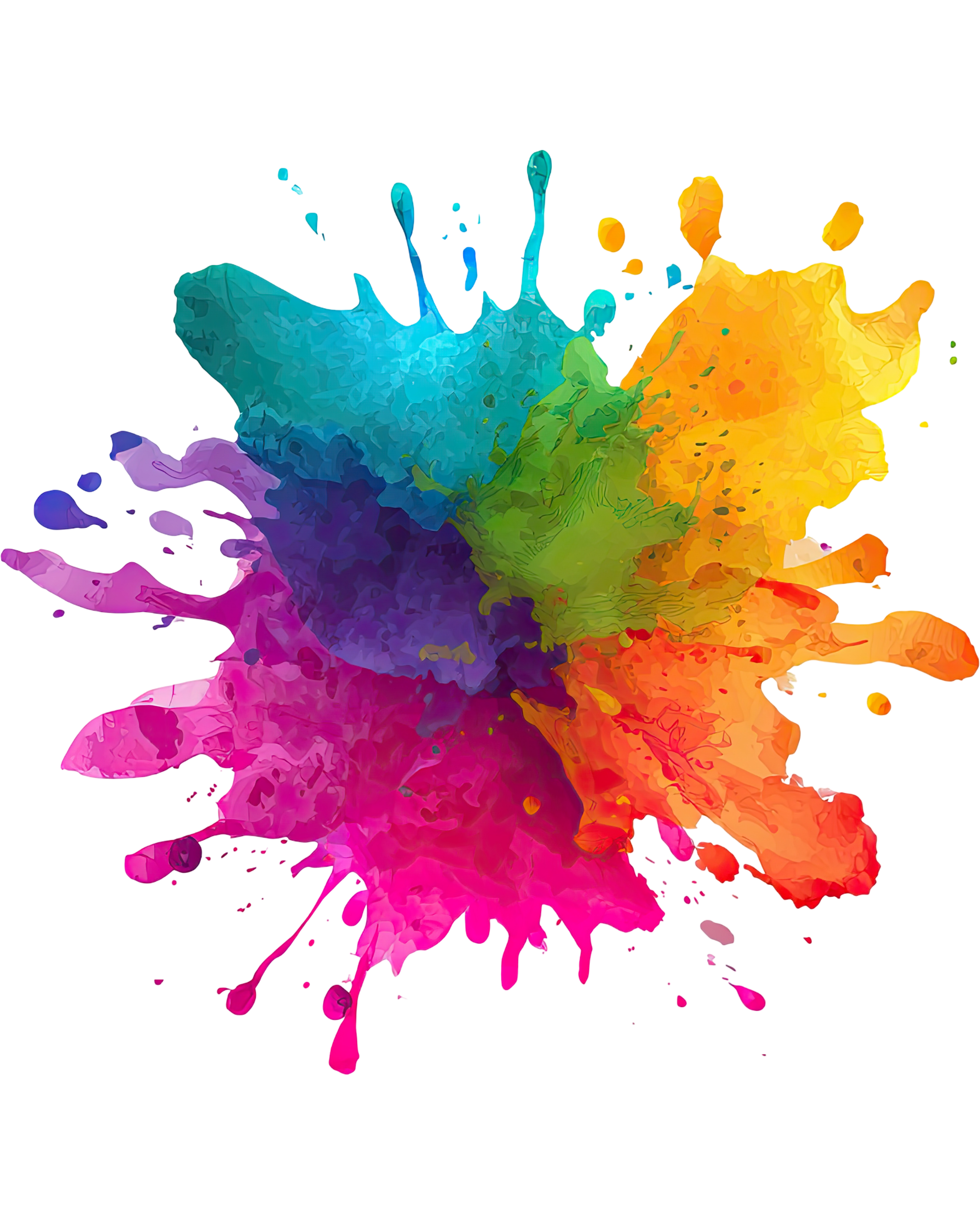 Colorful abstract splash of ink in shades of blue, green, yellow, orange, pink, and purple against a black background.