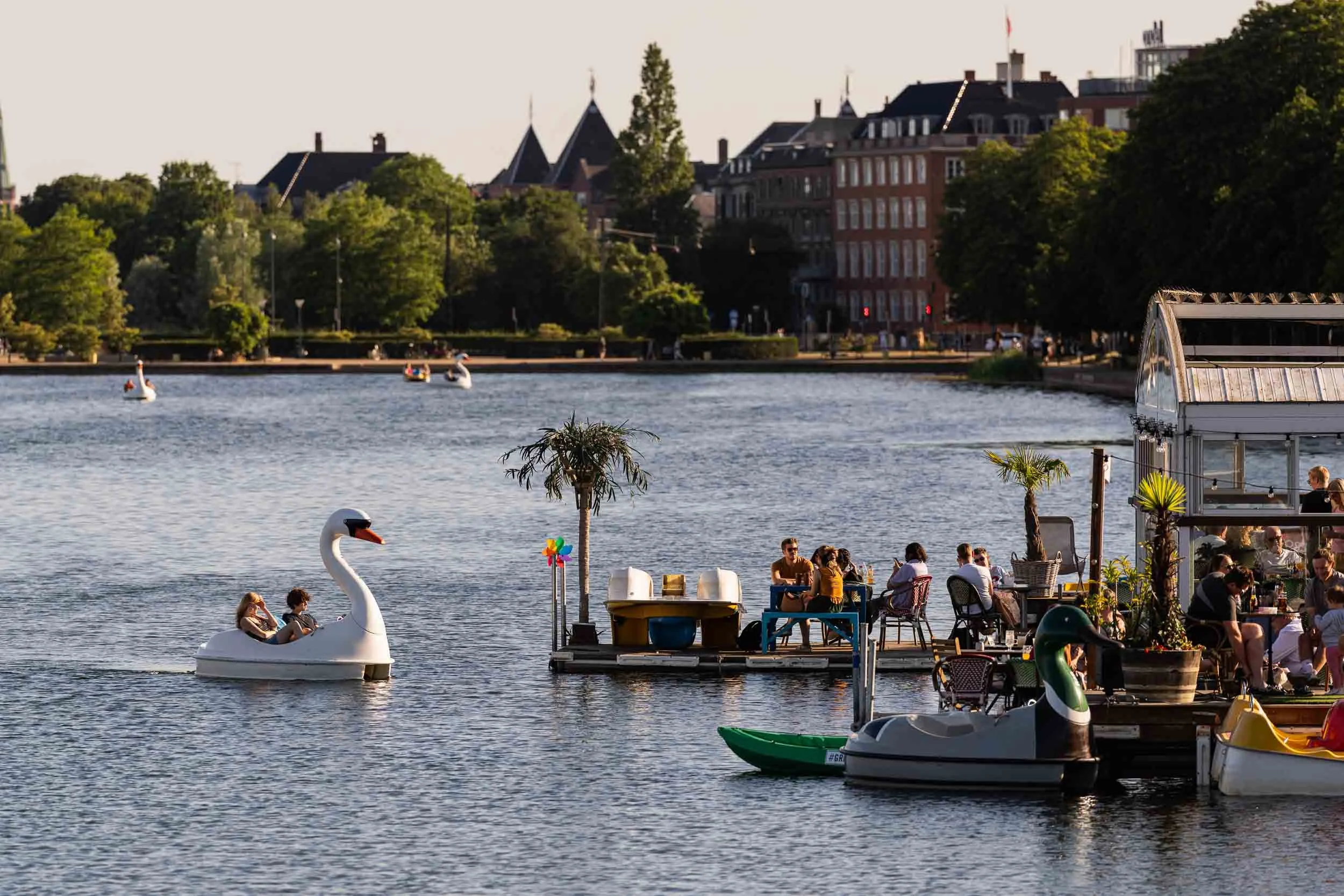 A lakeside scene with people enjoying the water, including children riding a swan pedal boat and other people sitting at outdoor tables. There are swan and kayak-shaped pedal boats on the lake, with a cityscape featuring trees and buildings in the background.