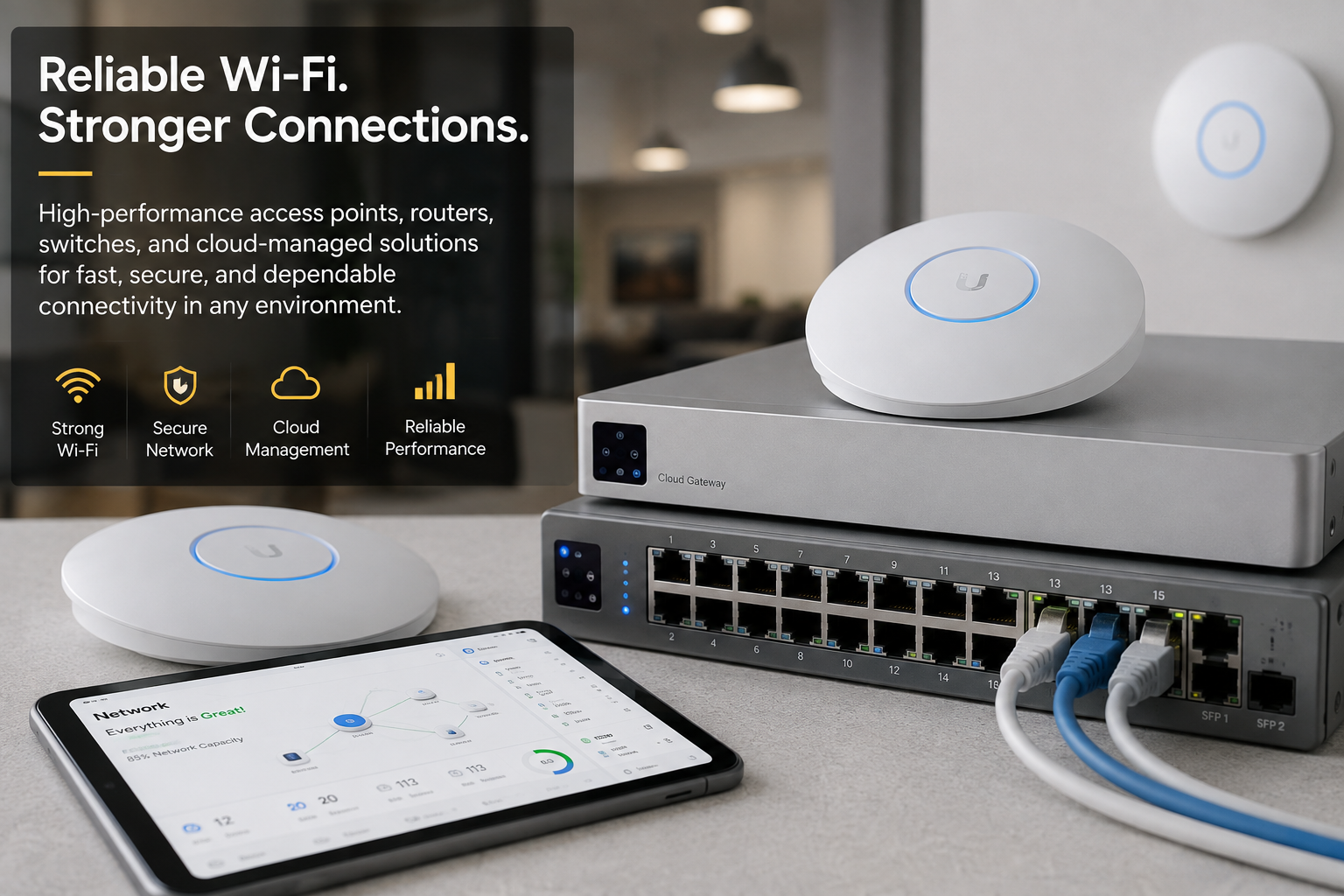 A Wi-Fi mesh network setup with a tablet displaying network data, two access points, a cloud gateway, and a network switch with Ethernet cables in a modern home.