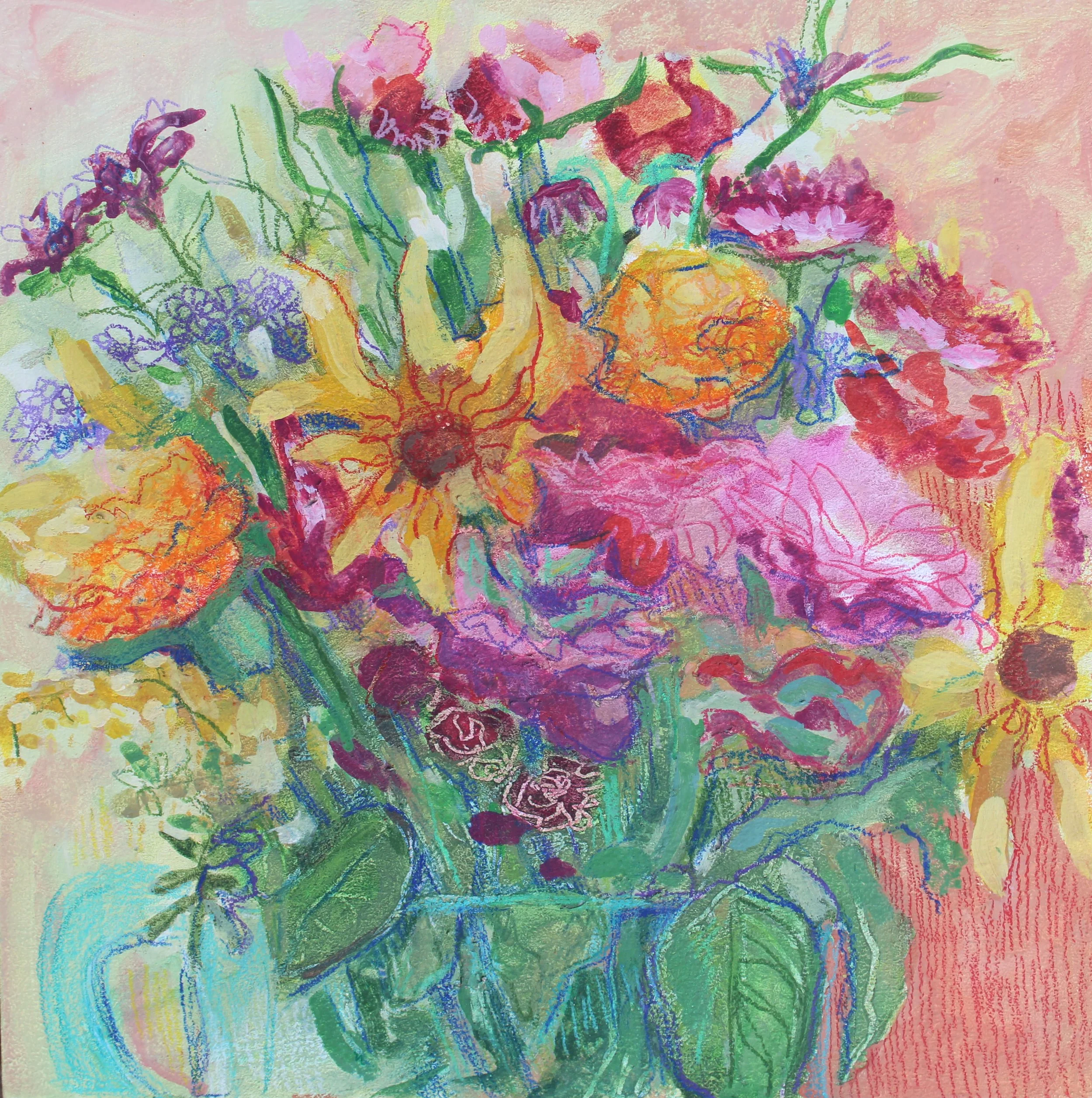 Flower Still Life (2024), Gouache and colored pencil on panel, 10"x10"