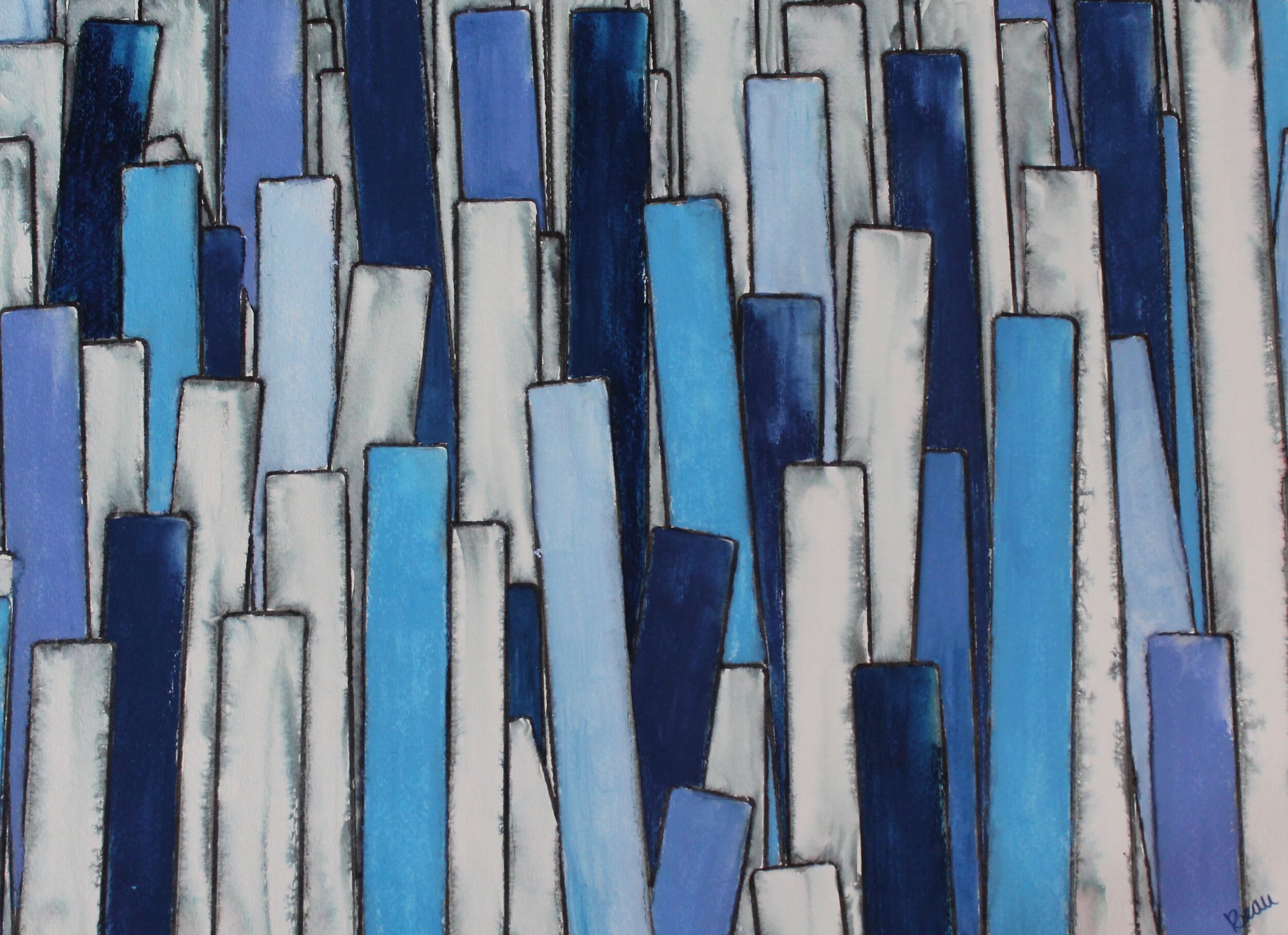 Blue in the City. 21"x15". Ink and wax.