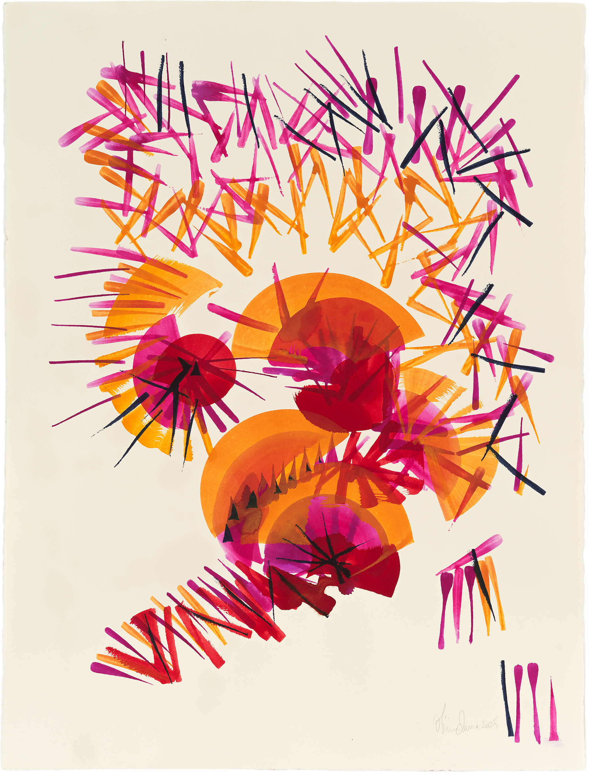 watercolor-painting-Fuschia and cadmium red and golden yellow spots with lines.