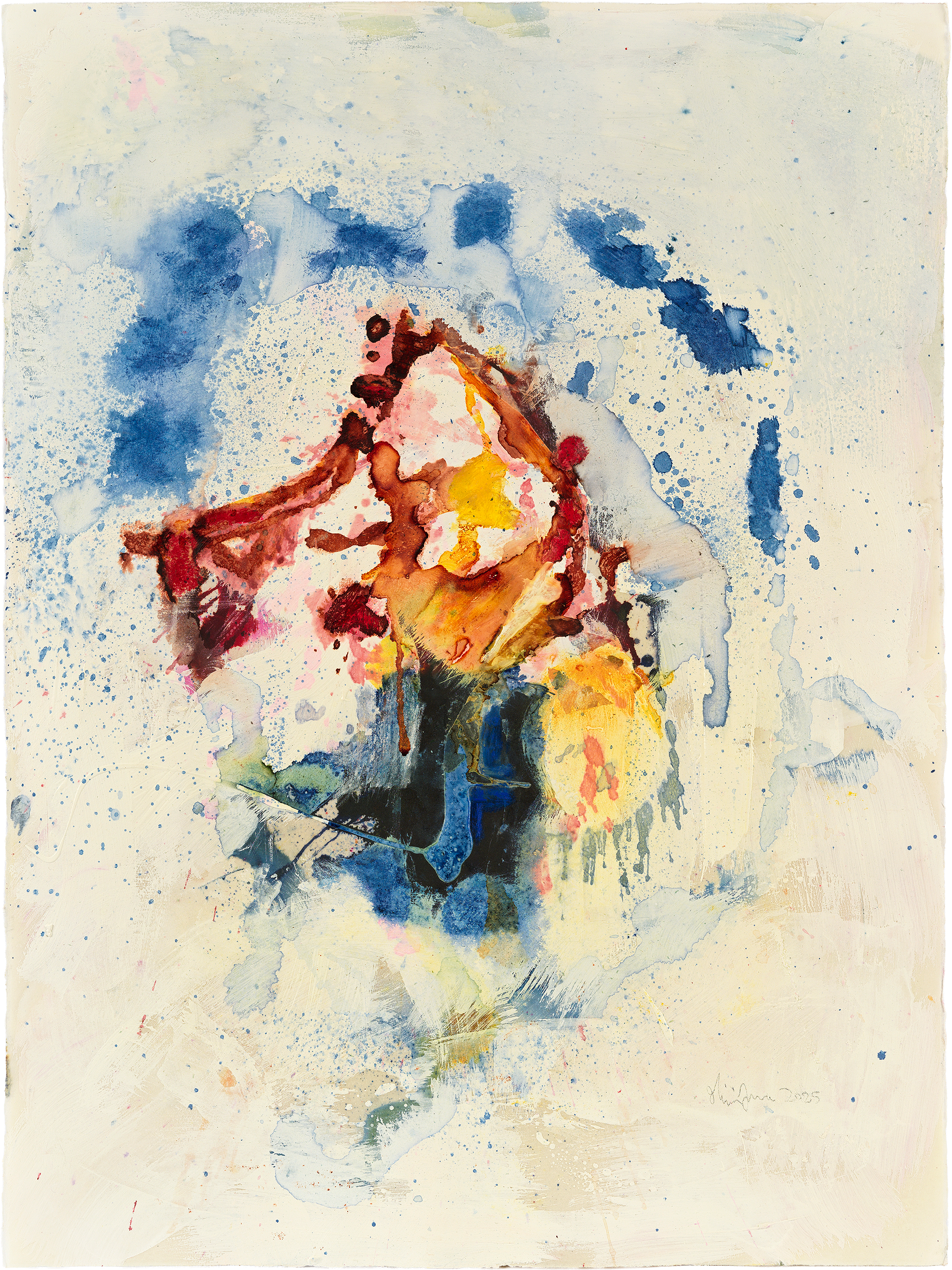 watercolor-painting-Red, blue, bright yellow dance on a pale yellow ground.