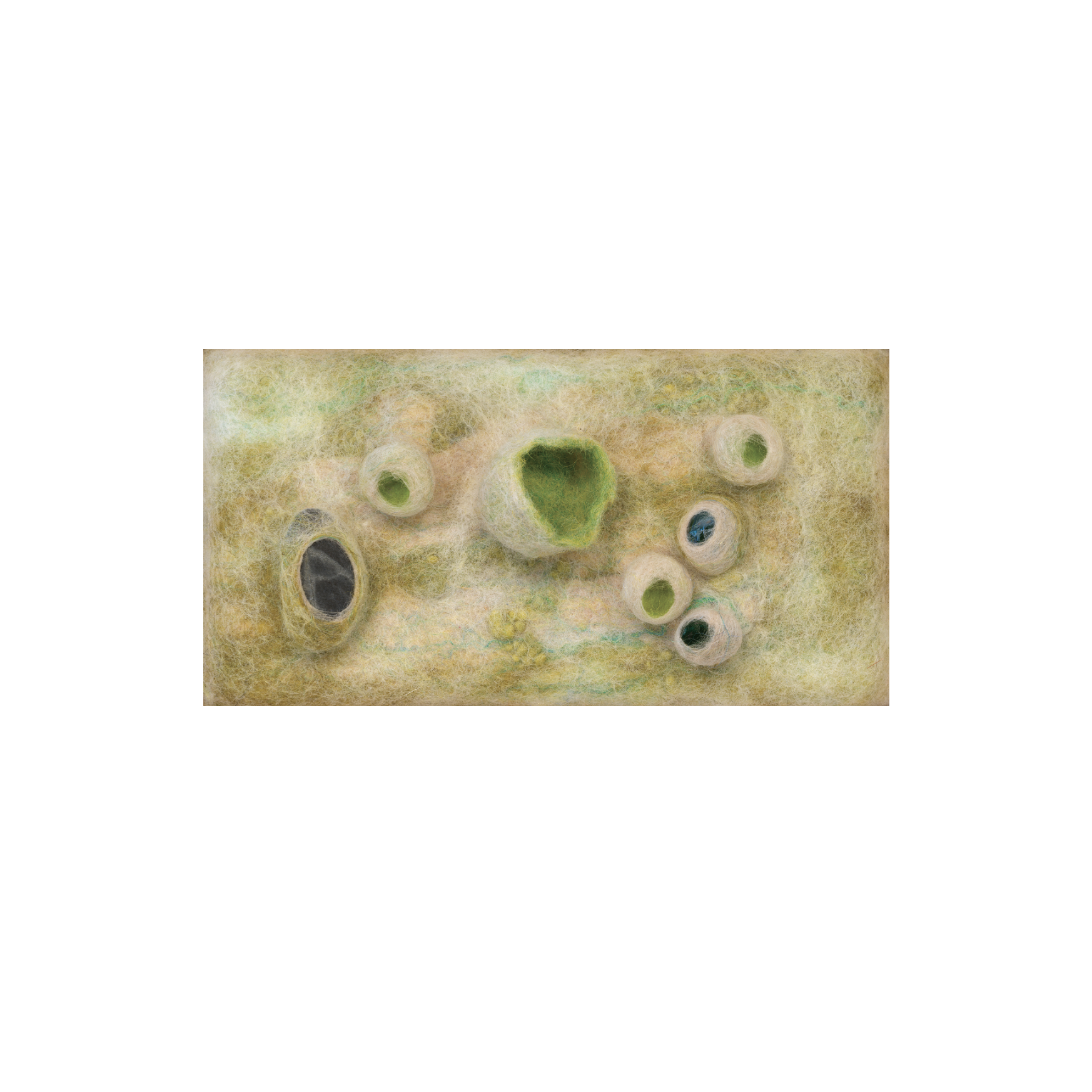 Wunjo, 2014 | felted wool, glass, beach stones & wood | 6 x 10 x 3 inches