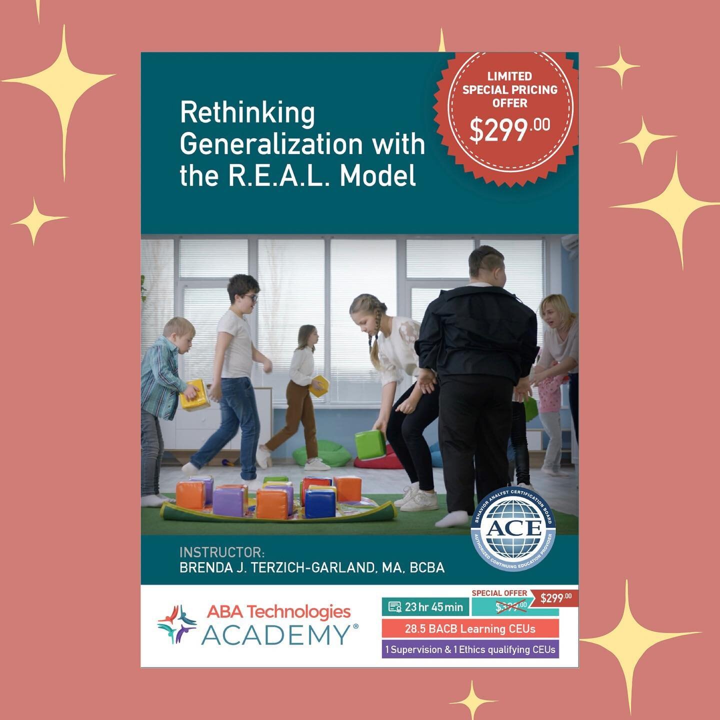 NEW CEU COURSE! ⭐️ 28.75 BACB Learning + 1 Supervision + 1 Ethics CEU

Check out the brand new online course all about the @r.e.a.l.model, put on by @aba_technologies. On sale now for $100 off + 3 free webinars and a discount on the R.E.A.L. guideboo