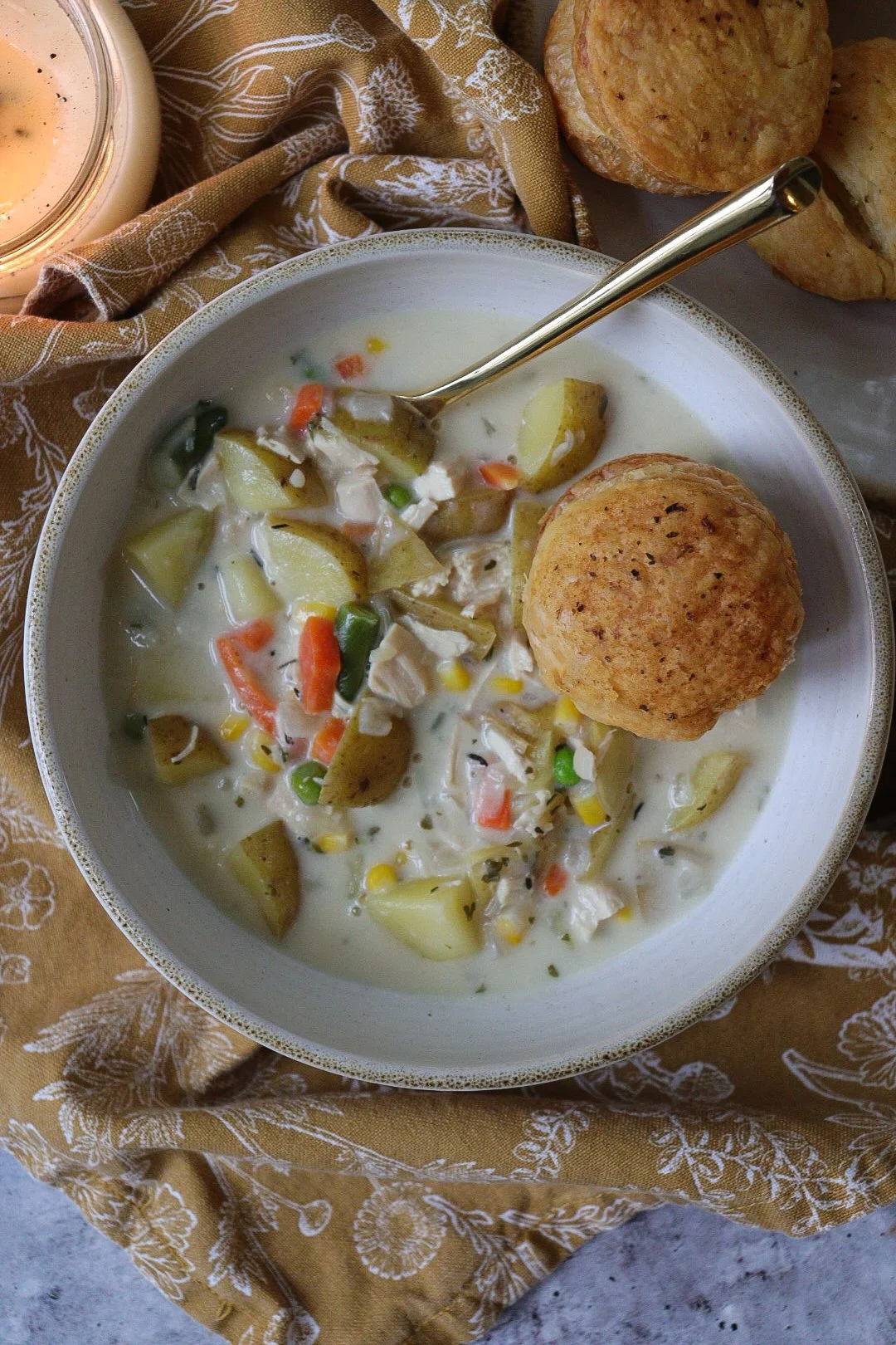 Loaded Chicken Pot Pie Soup with Flaky Puff Pastry Bites