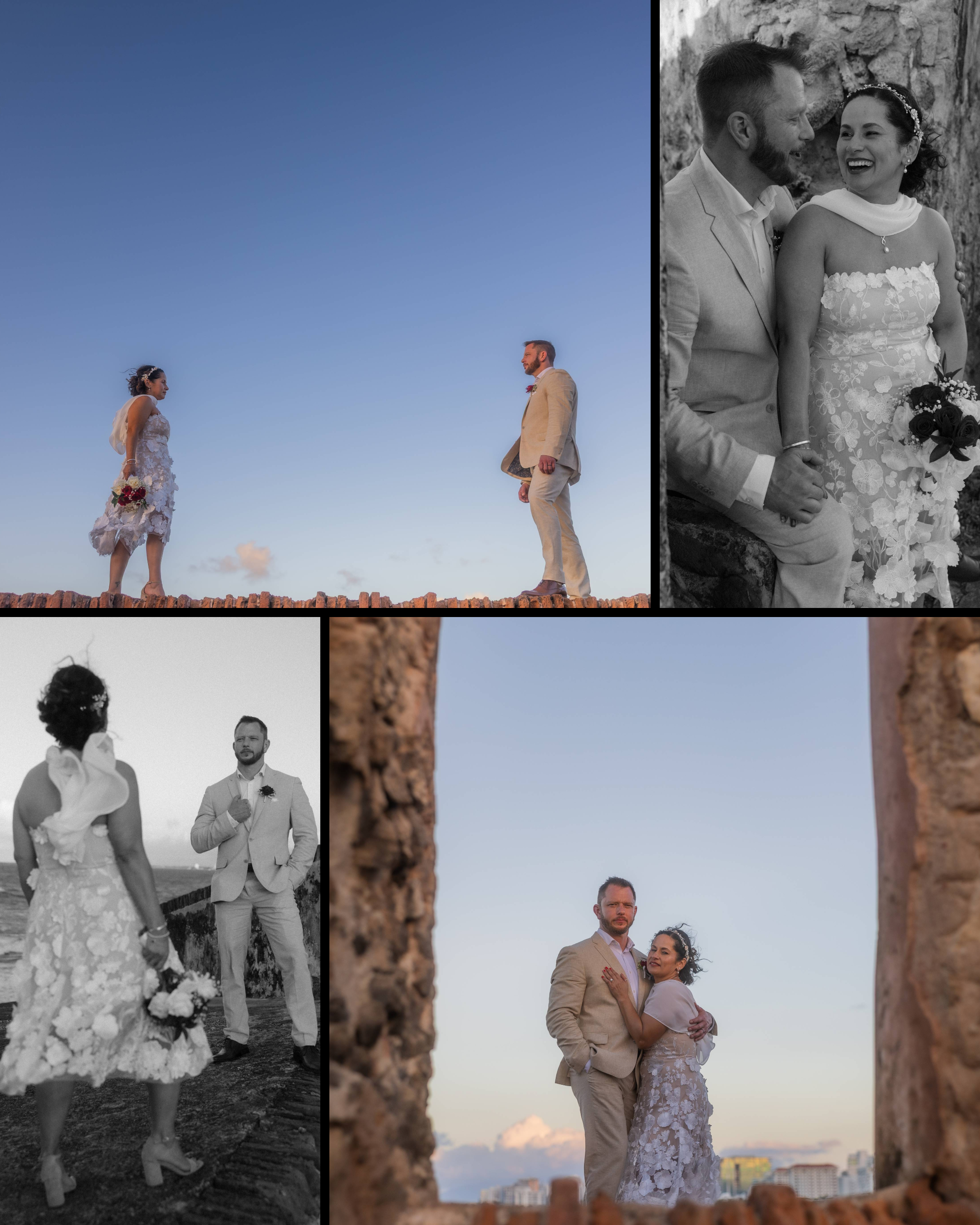 Romantic elopement portrait taken near the historic fort at Escambrón Beach