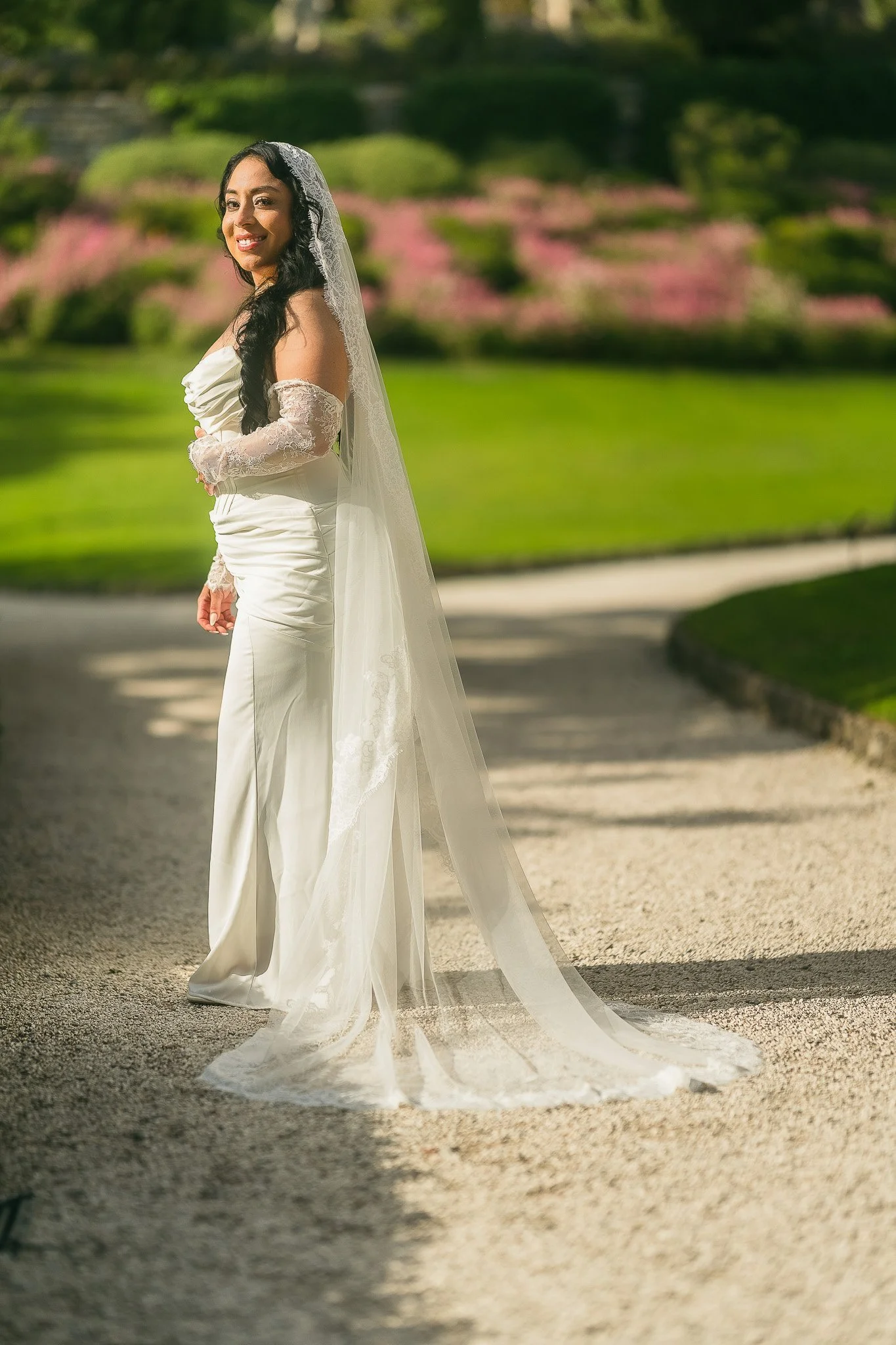 Portrait of a bride during her editorial elopement in Lake Como at Villa del Balbianello taken by a luxury destination wedding photographer in Italy