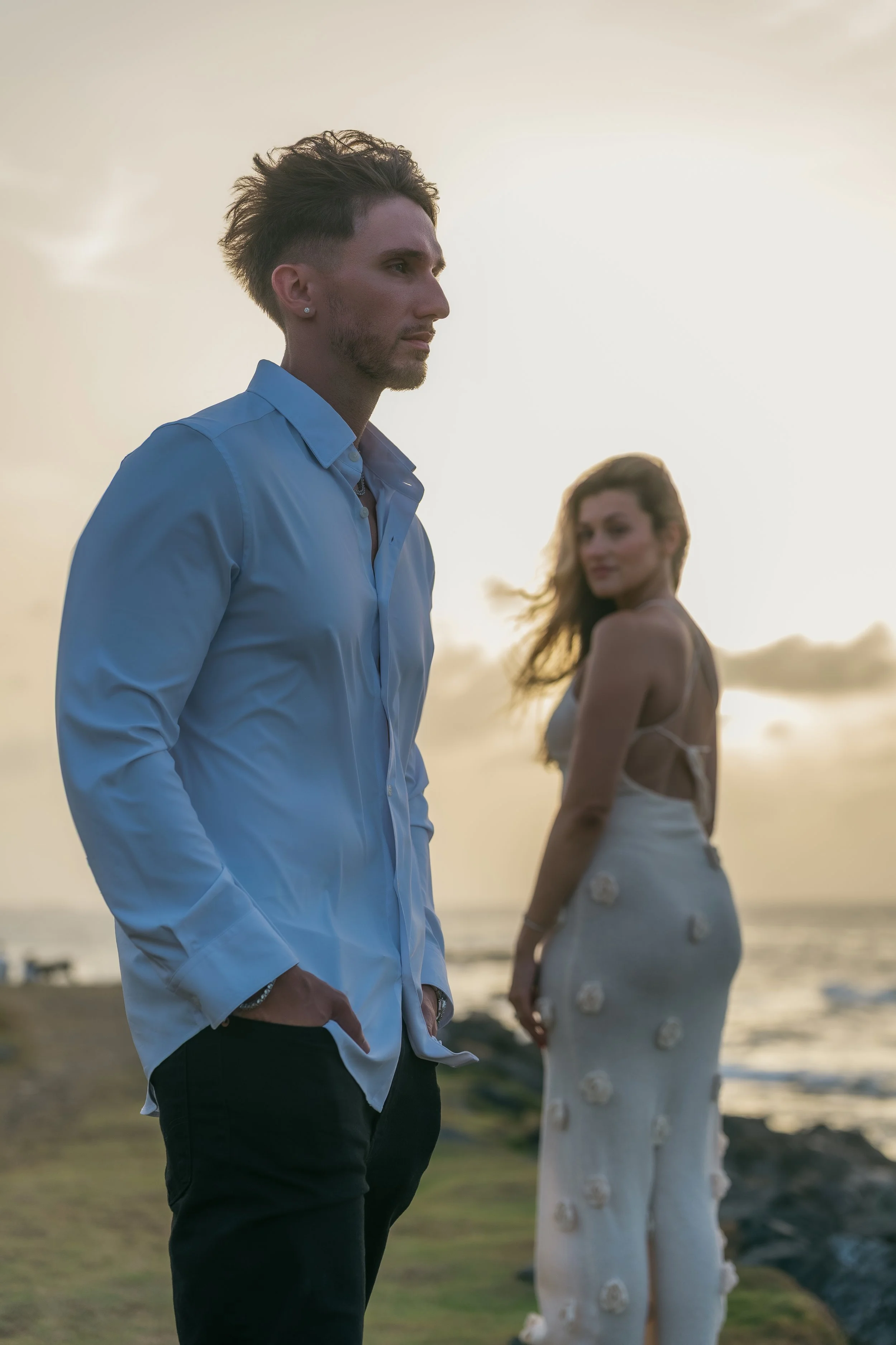 Editorial portrait of a couple at Escambrón Beach during their engagement session in Puerto Rico