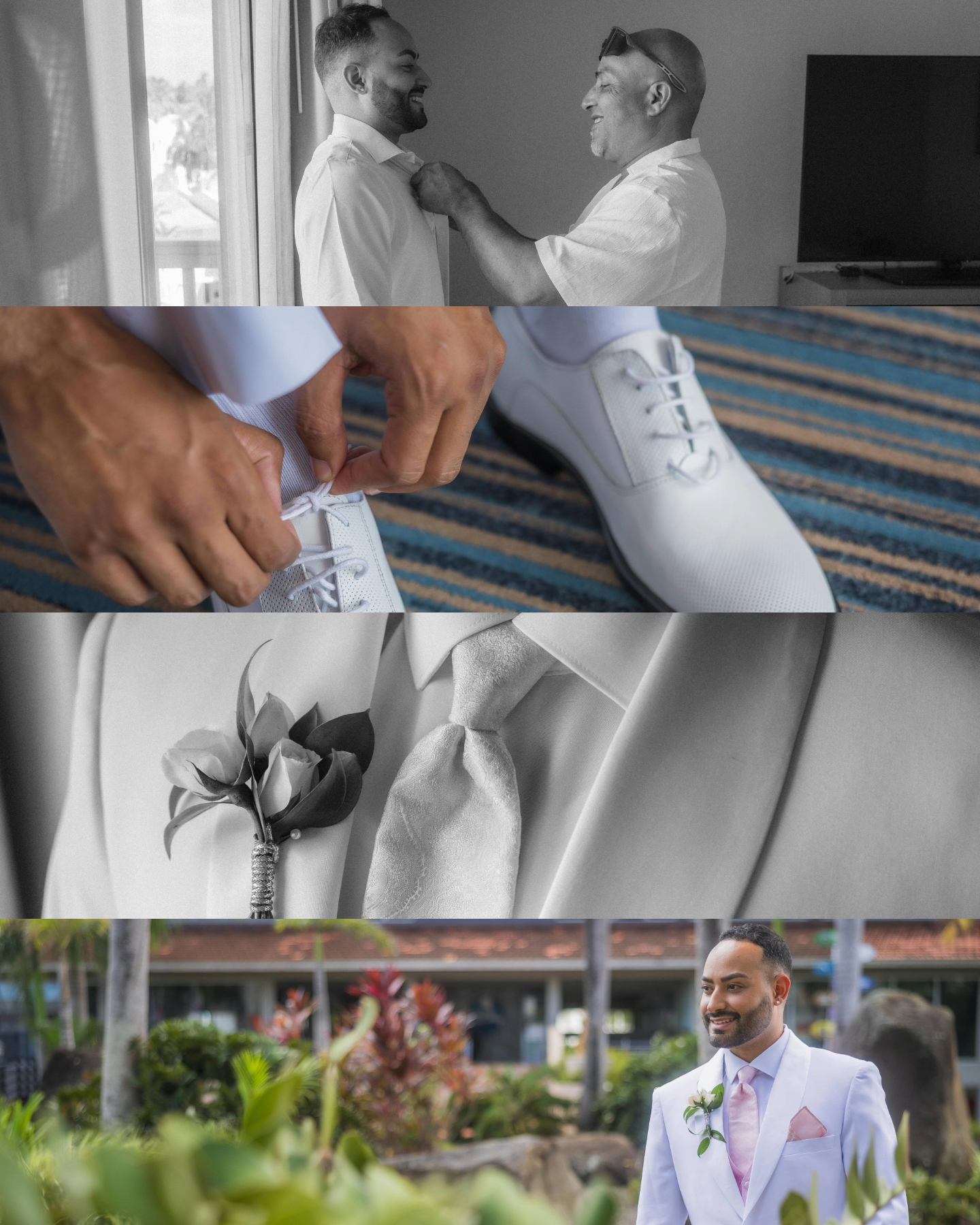 Groom getting ready for his wedding in Puerto Rico at the Embassy Suites in Dorado