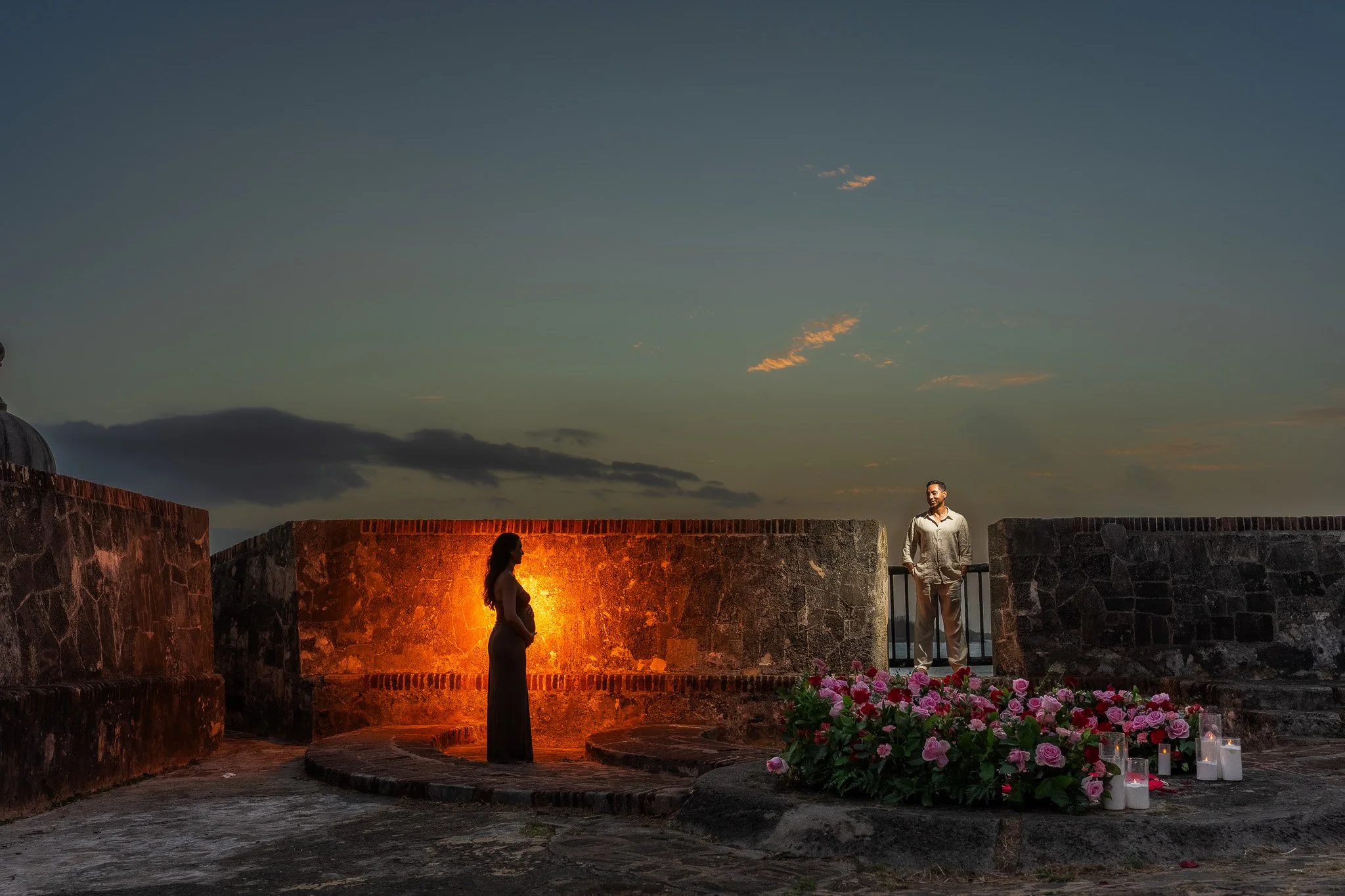 Newly engaged couple during their surprise marriage proposal in Old San Juan, Puerto Rico