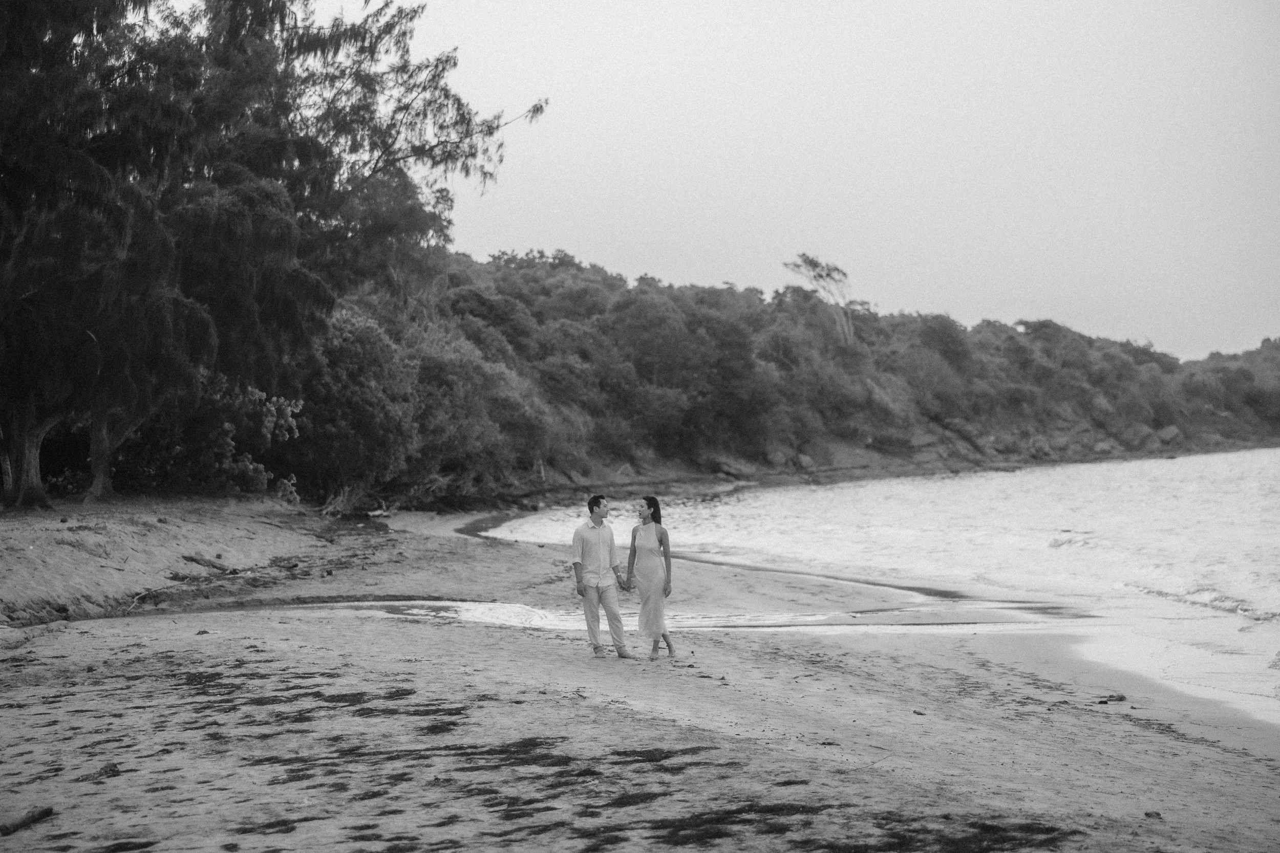 Wide black and white photograph of Brijend and Sumi walking hand in hand along a secluded beach during their luxury marriage proposal in Puerto Rico.
