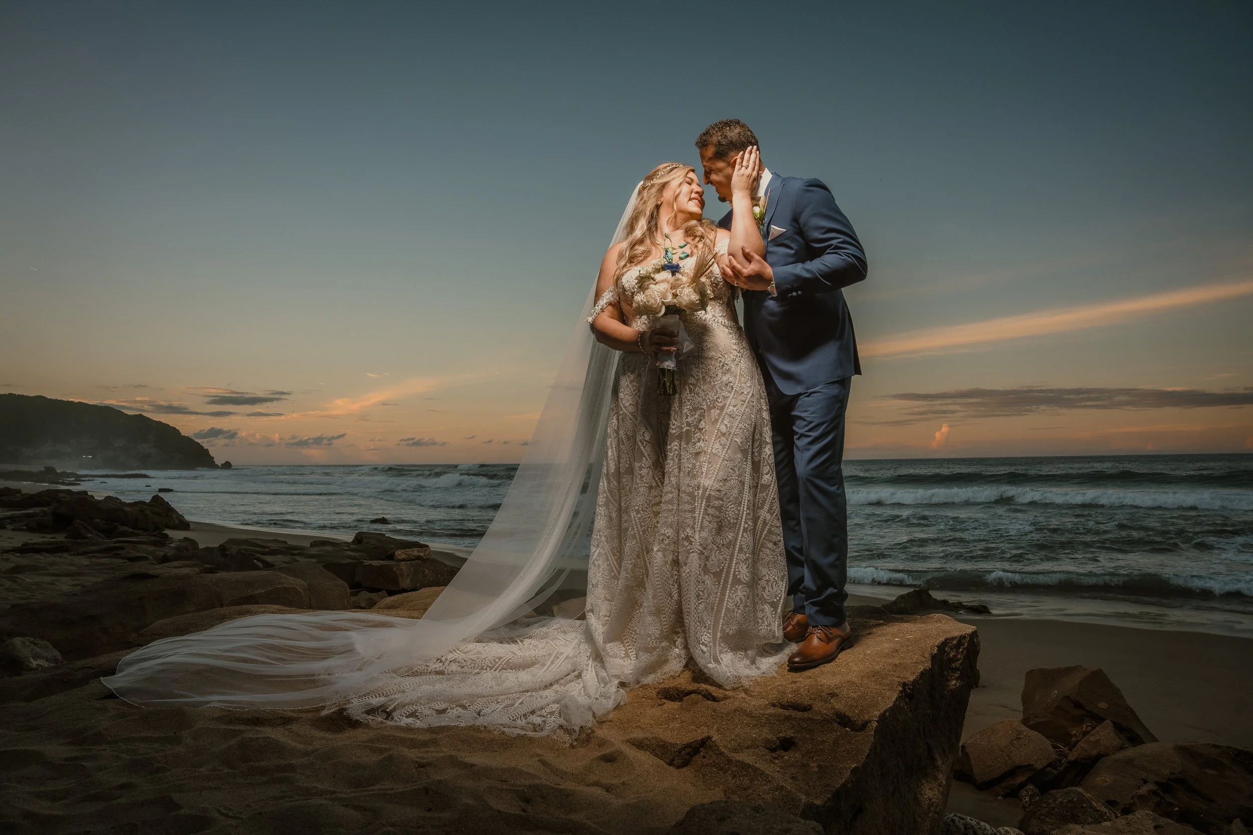 Bride and groom portrait during golden hour at a high-end wedding in Puerto Rico