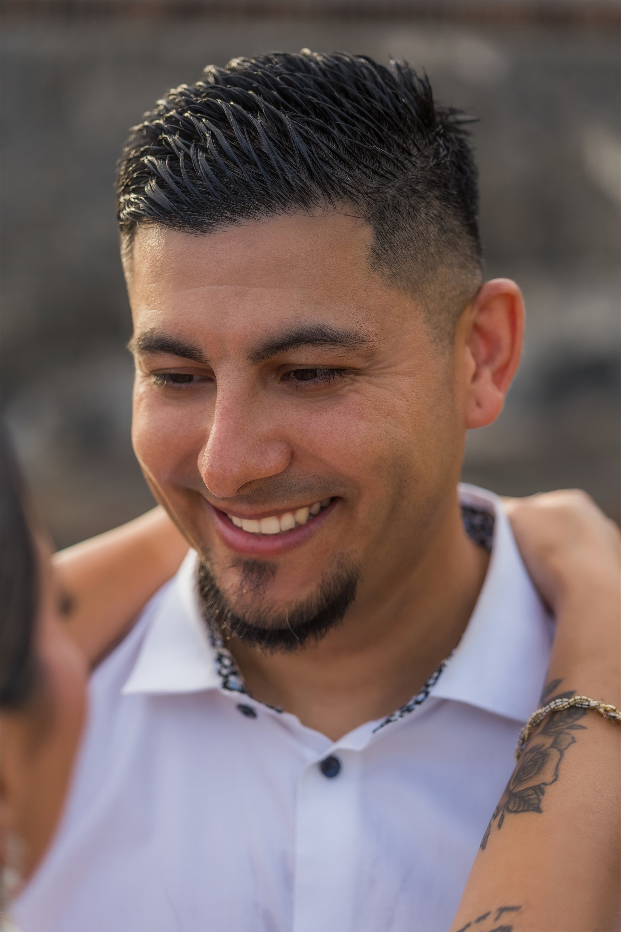 Groom gazing into bride's eyes during an intimate moment of their destination elopement wedding in Old San Juan, Puerto Rico
