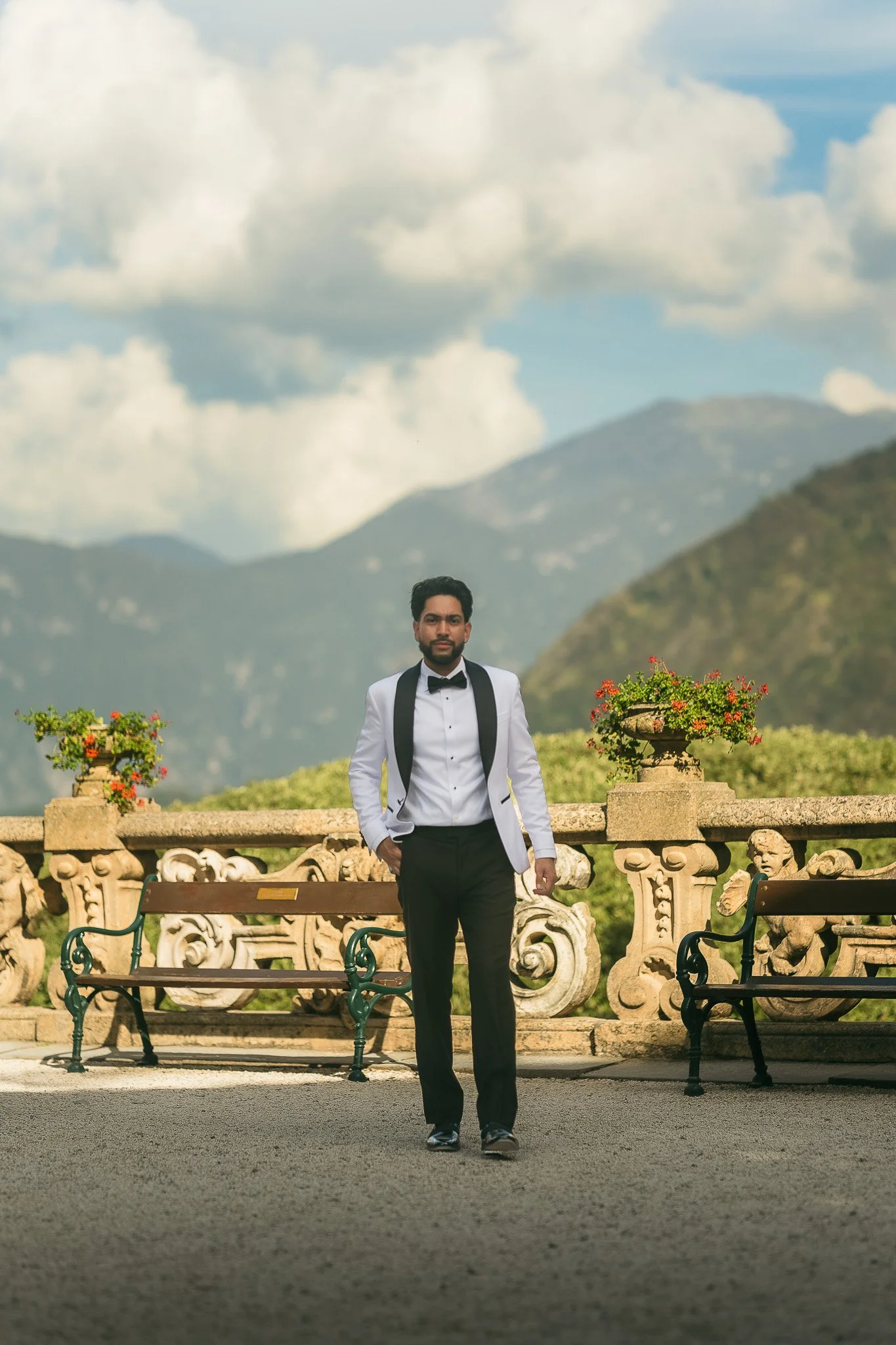 Editorial portrait of a groom at Villa del Balbianello taken by a destination wedding photographer during his luxury elopement in Lake Como