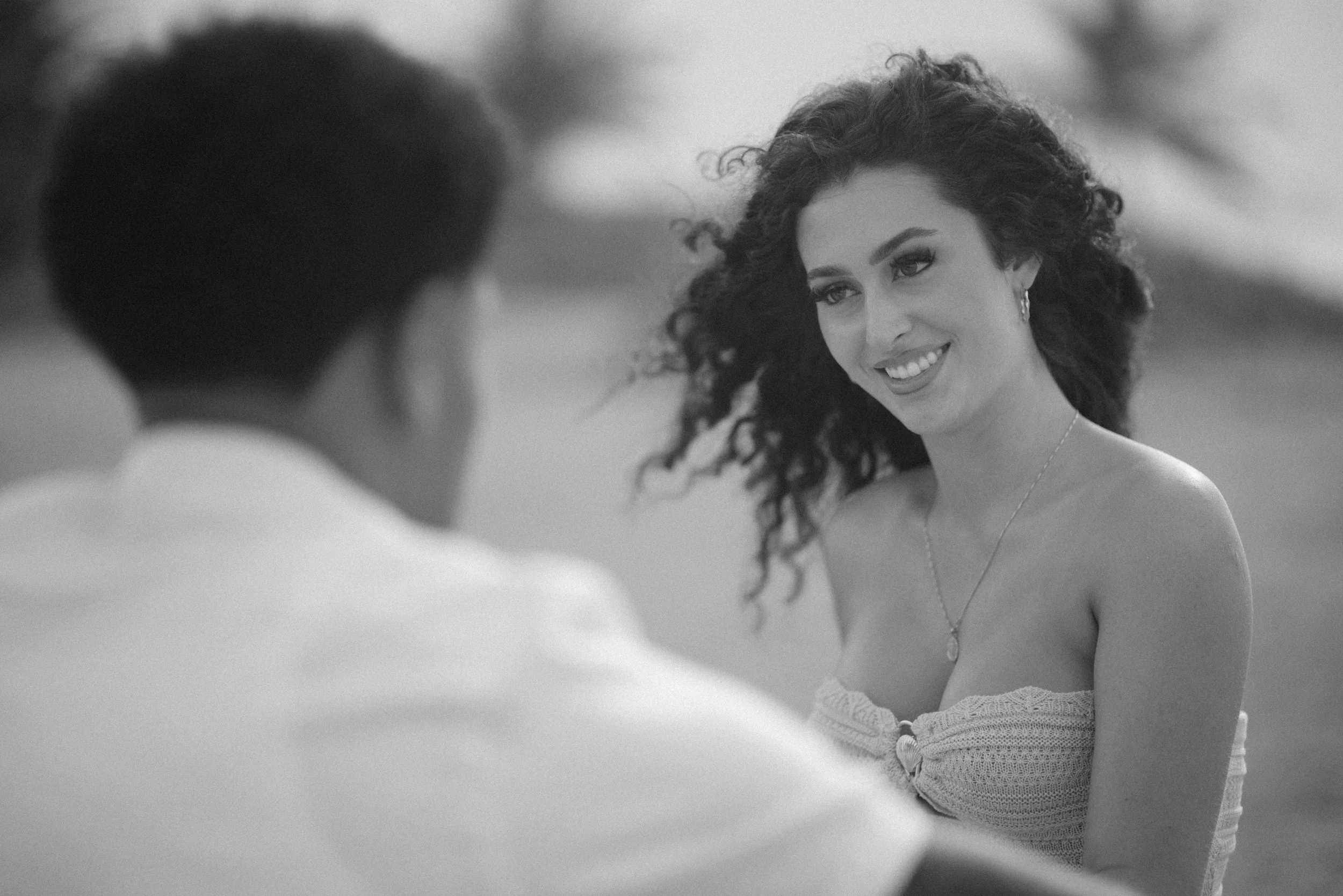 Editorial black and white portrait of a female model during an engagement session after a marriage proposal in Puerto Rico