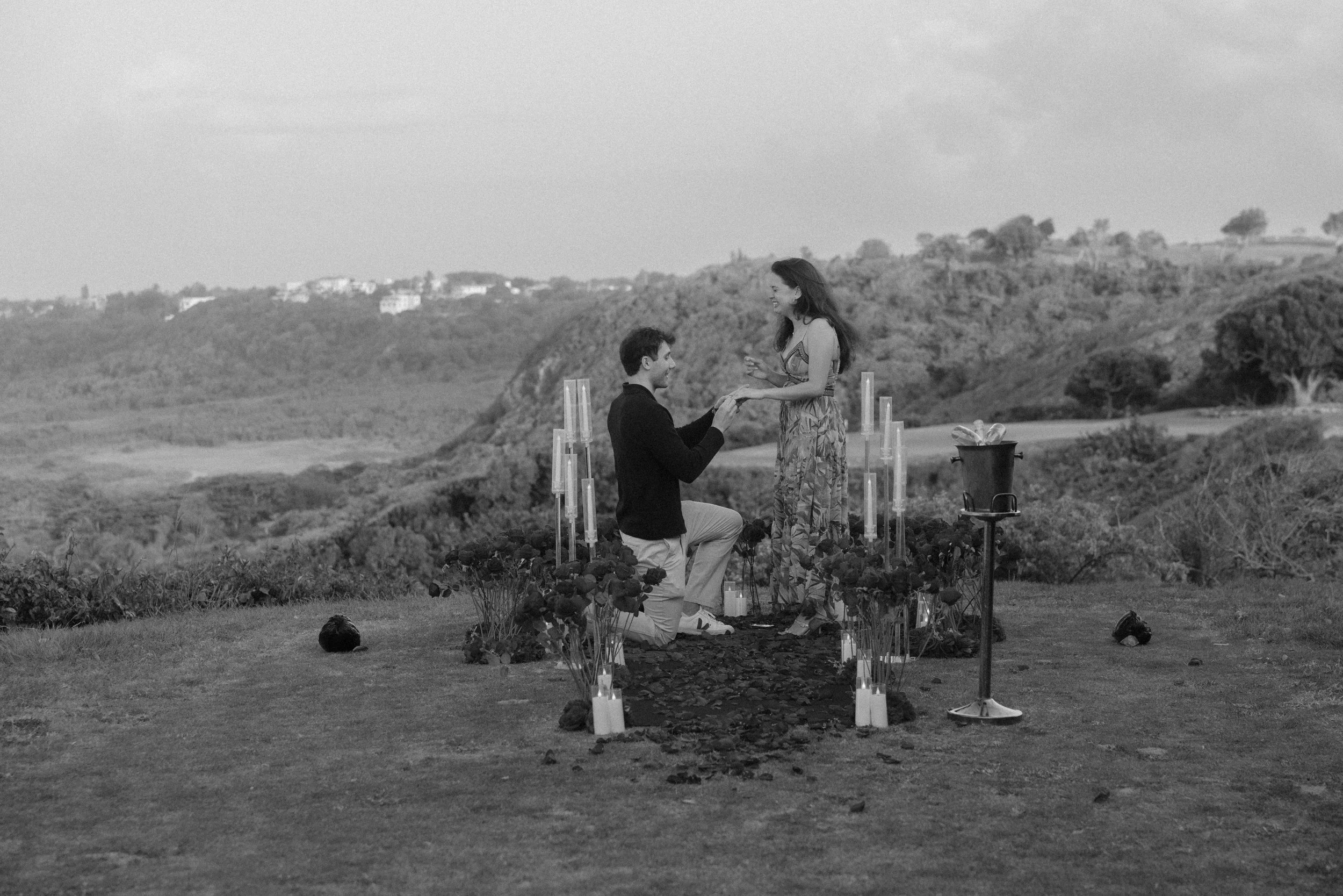 Black and white editorial portrait of a couple during an engagement session in Puerto Rico at Royal Isabela taken by a destination wedding photographer