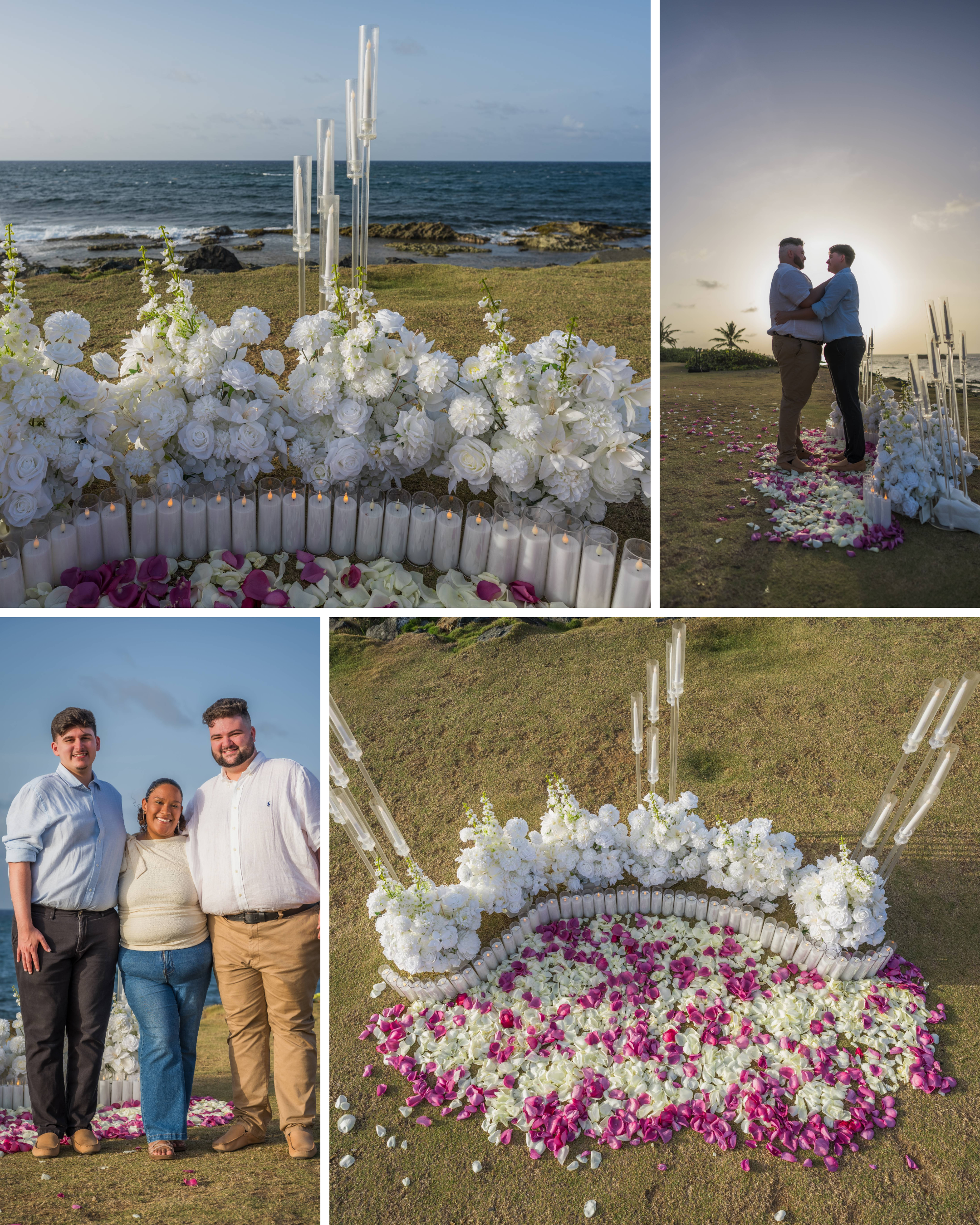 Collage featuring the luxury proposal décor, romantic portraits, aerial details of the floral arrangement, and the happy couple with their proposal planner following a surprise LGBT engagement in Puerto Rico.