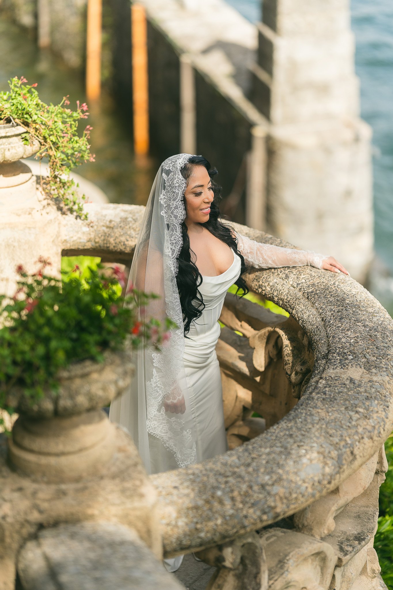 Portrait of a bride during her editorial elopement in Lake Como at Villa del Balbianello taken by a luxury destination wedding photographer in Italy