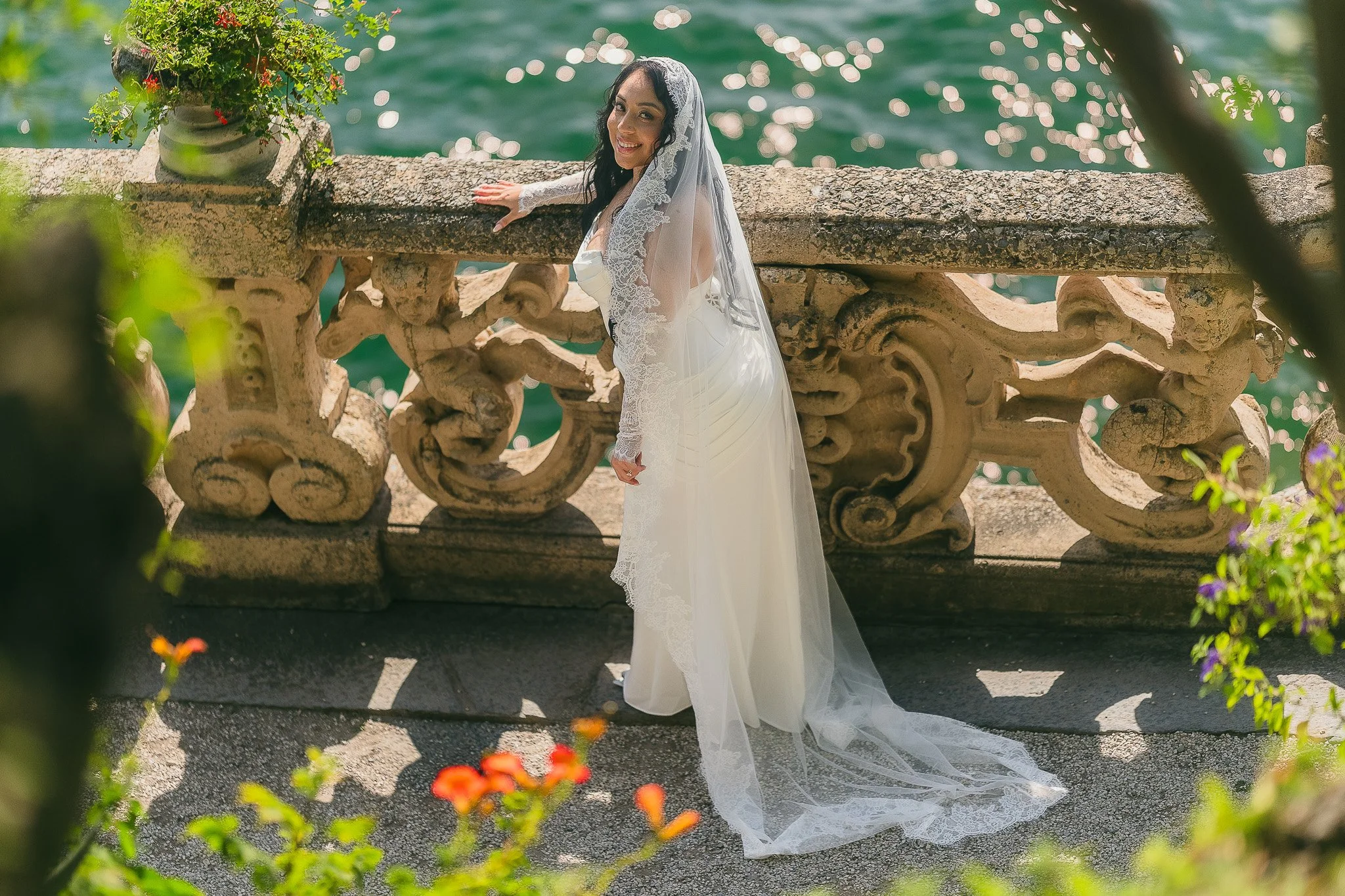 Portrait of a bride during her editorial elopement in Lake Como at Villa del Balbianello taken by a luxury destination wedding photographer in Italy