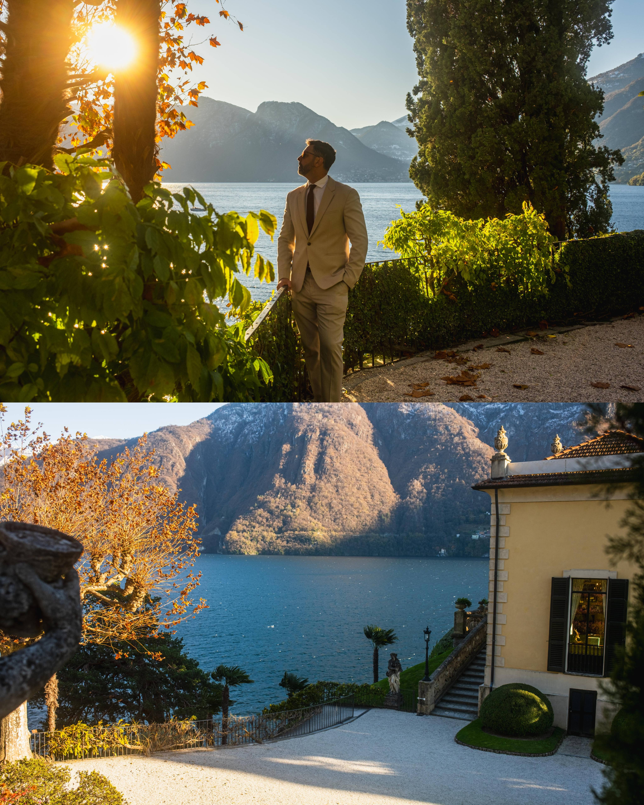Portrait of man in beige suit overlooking Lake Como from Villa del Balbianello gardens in Italy.