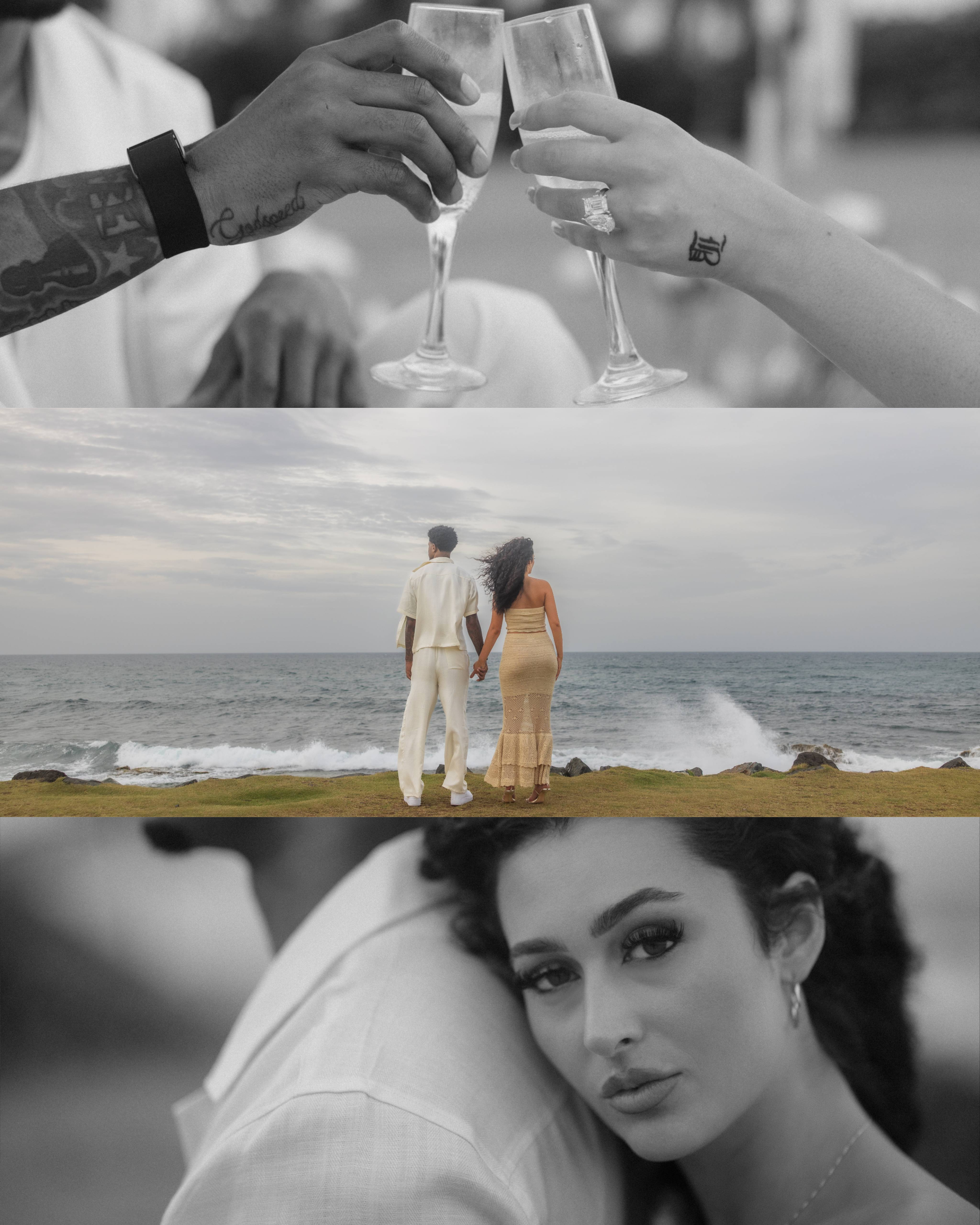 Champagne toast overlooking the ocean after a romantic destination marriage proposal in Puerto Rico.