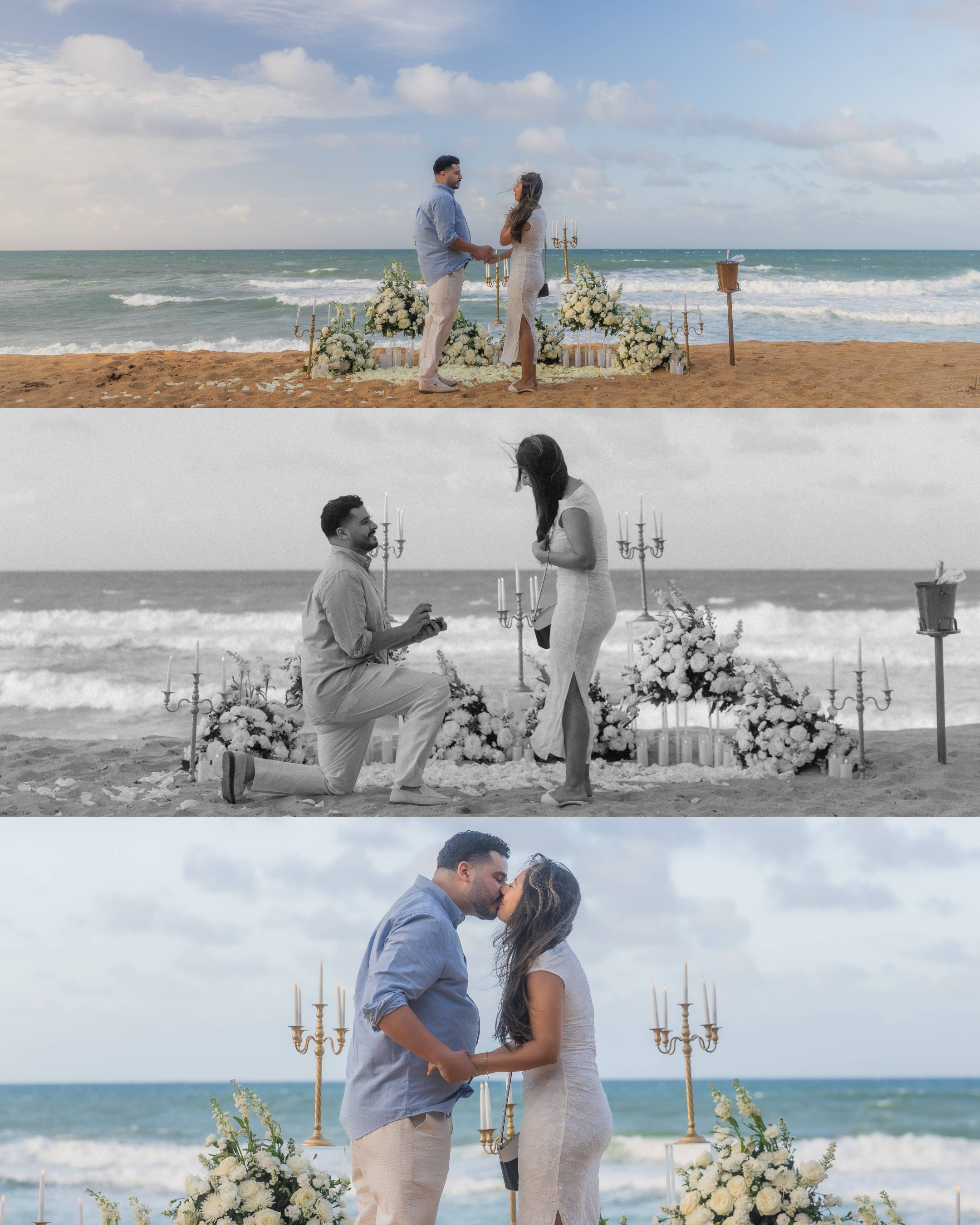 Man proposing to woman at Piñones Beach taken by an elopement photographer in Puerto Rico