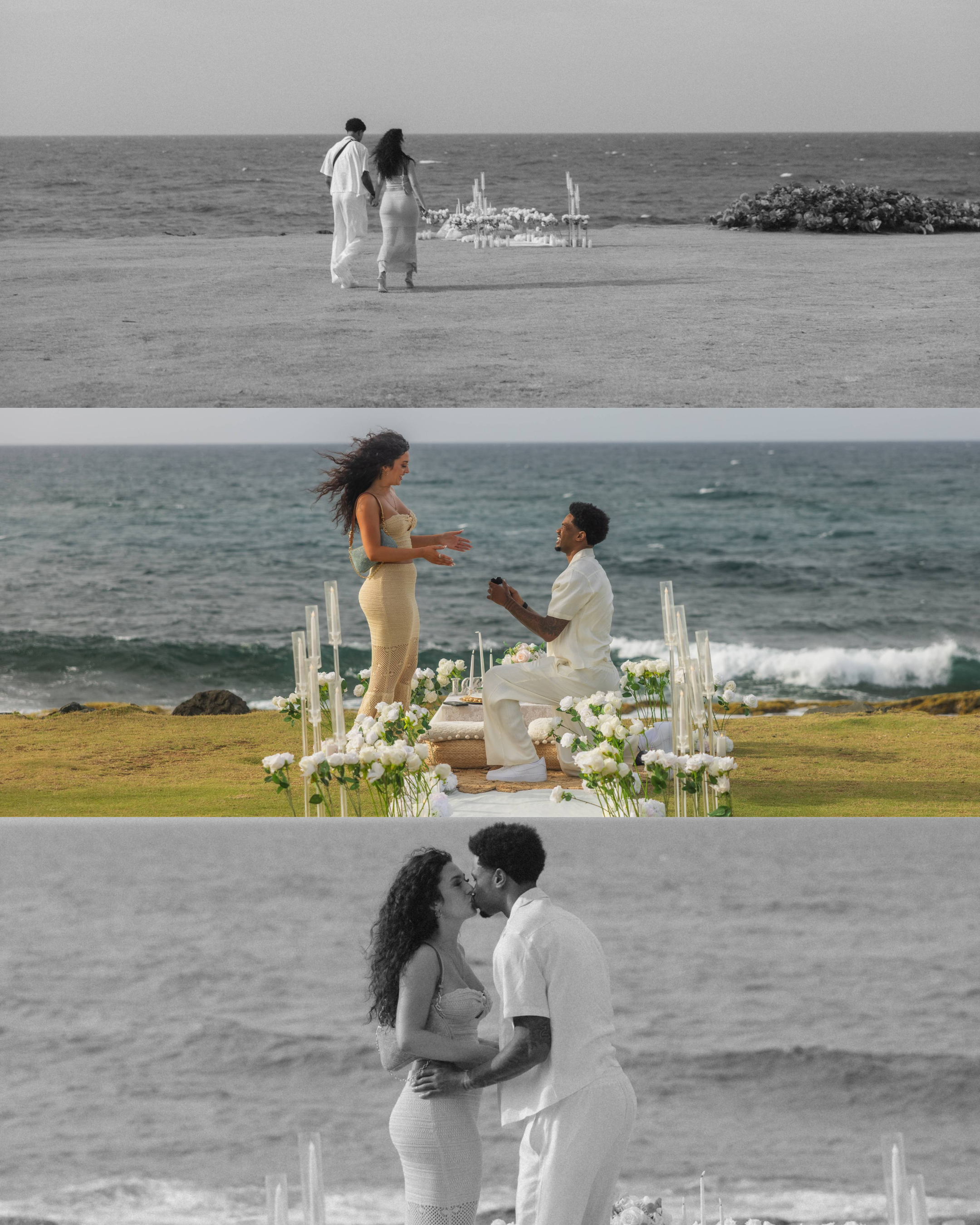 Professional basketball player Zeb Jackson proposes to Kathleen during a luxury white rose beachfront marriage proposal at Escambrón Beach in Puerto Rico.