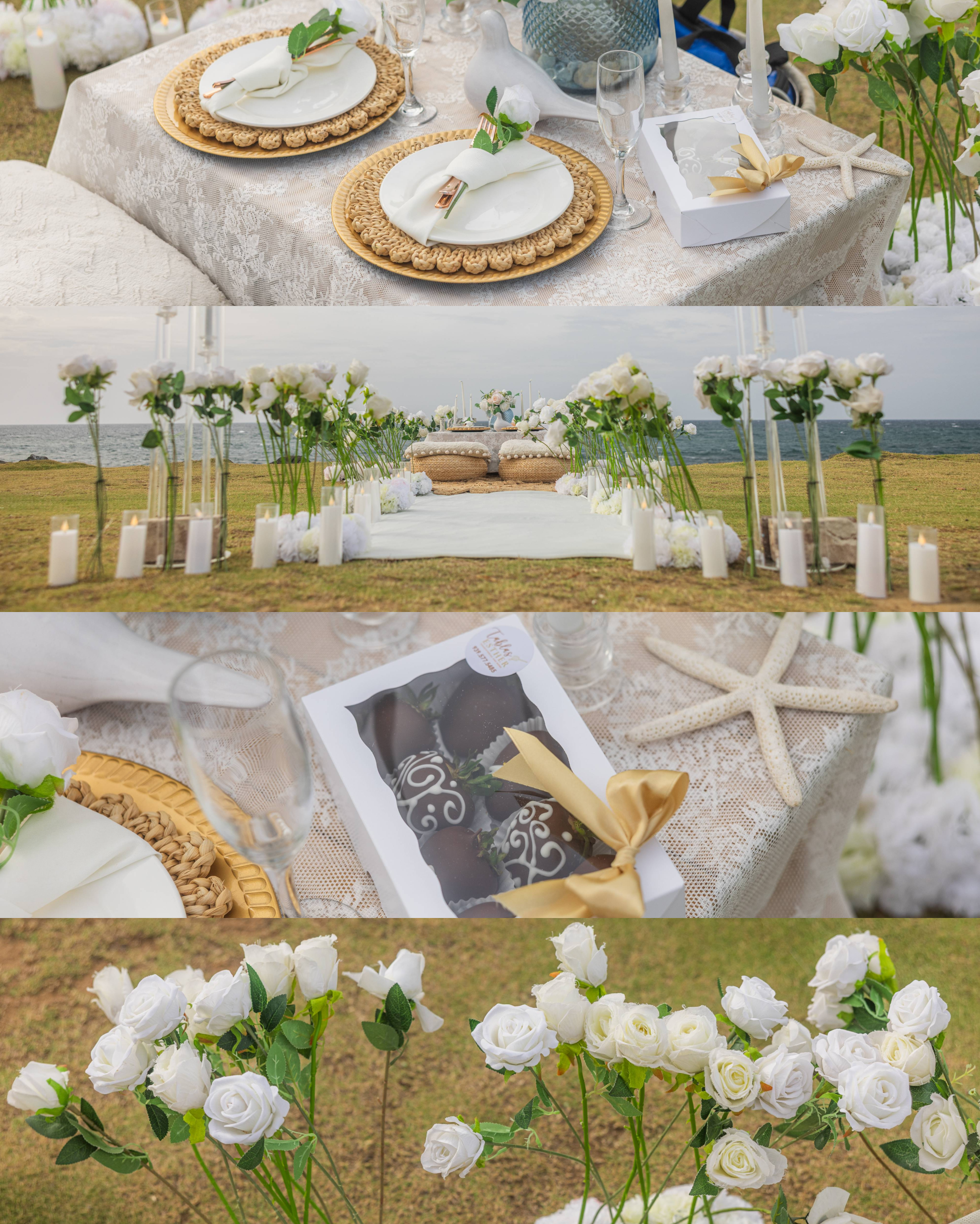Elegant white rose picnic setup with champagne and chocolate-covered strawberries prepared for a luxury marriage proposal in Puerto Rico.