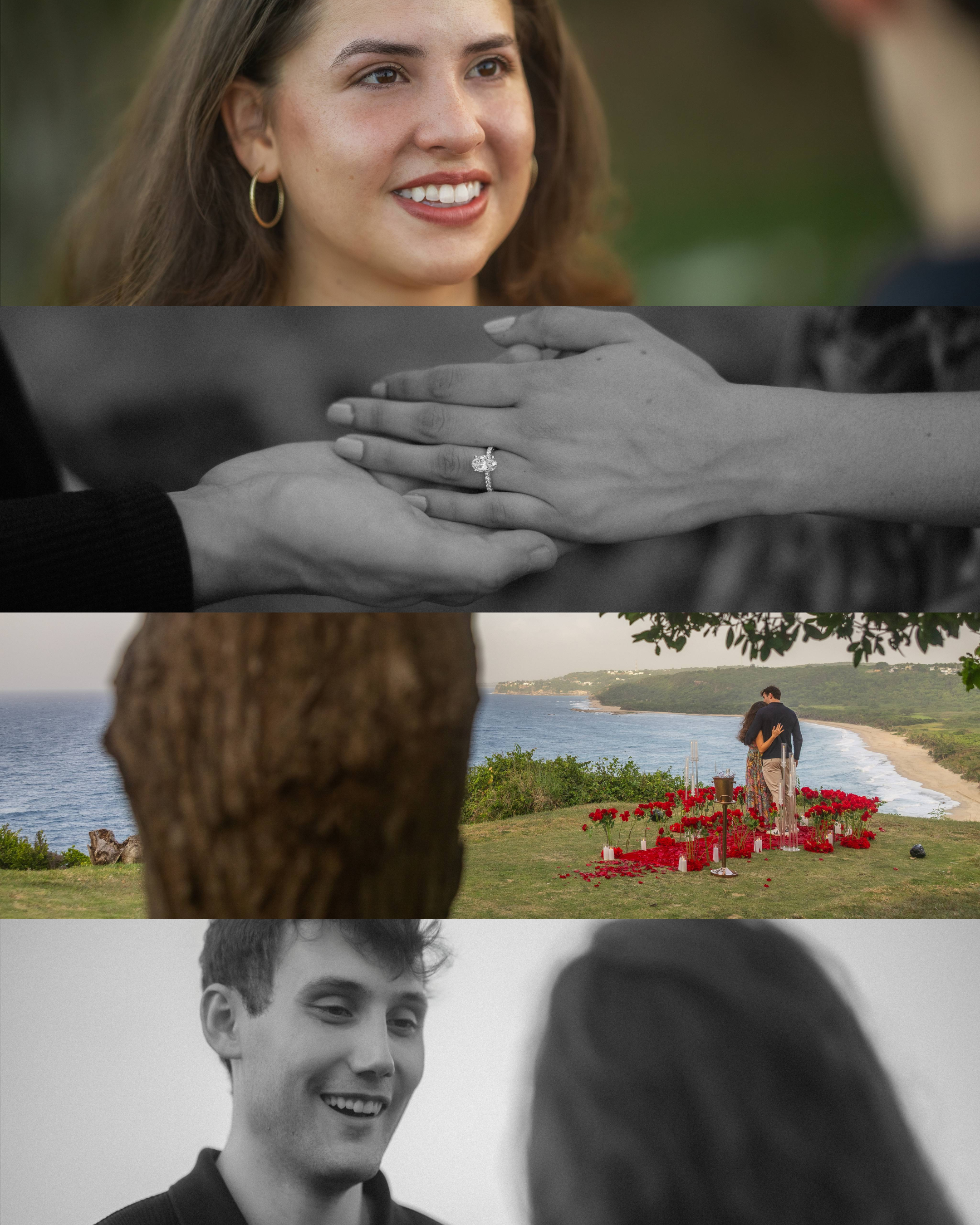 Newly engaged couple kissing among red roses and candles during a luxury proposal celebration in Puerto Rico.