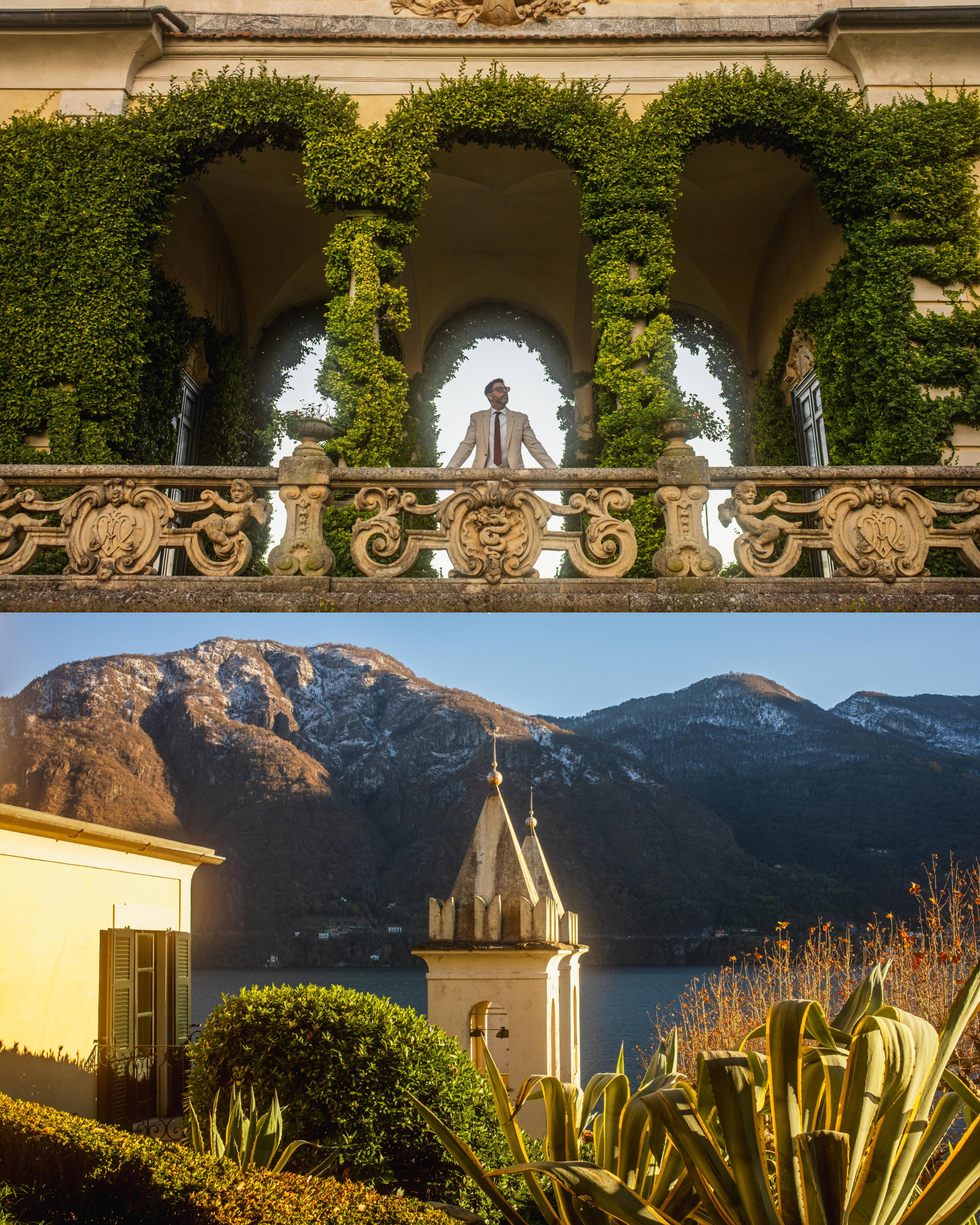 Luxury Lake Como scenery at Villa del Balbianello during golden hour with lake and mountain views.